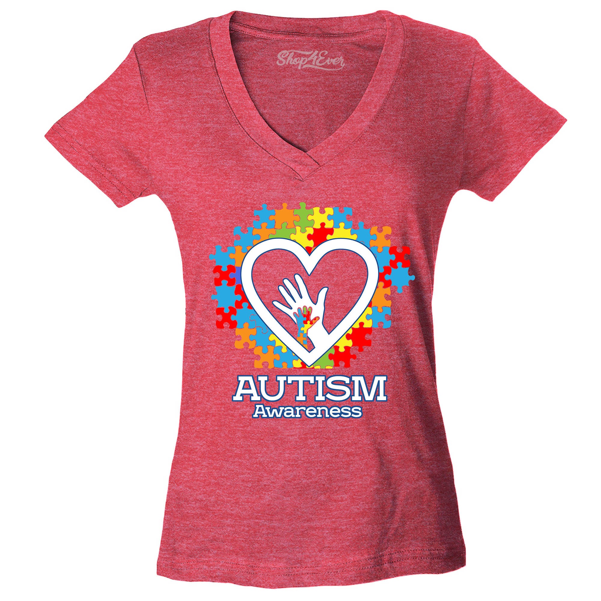 Autism Awareness Hands in Heart Women's V-Neck T-Shirt Slim Fit