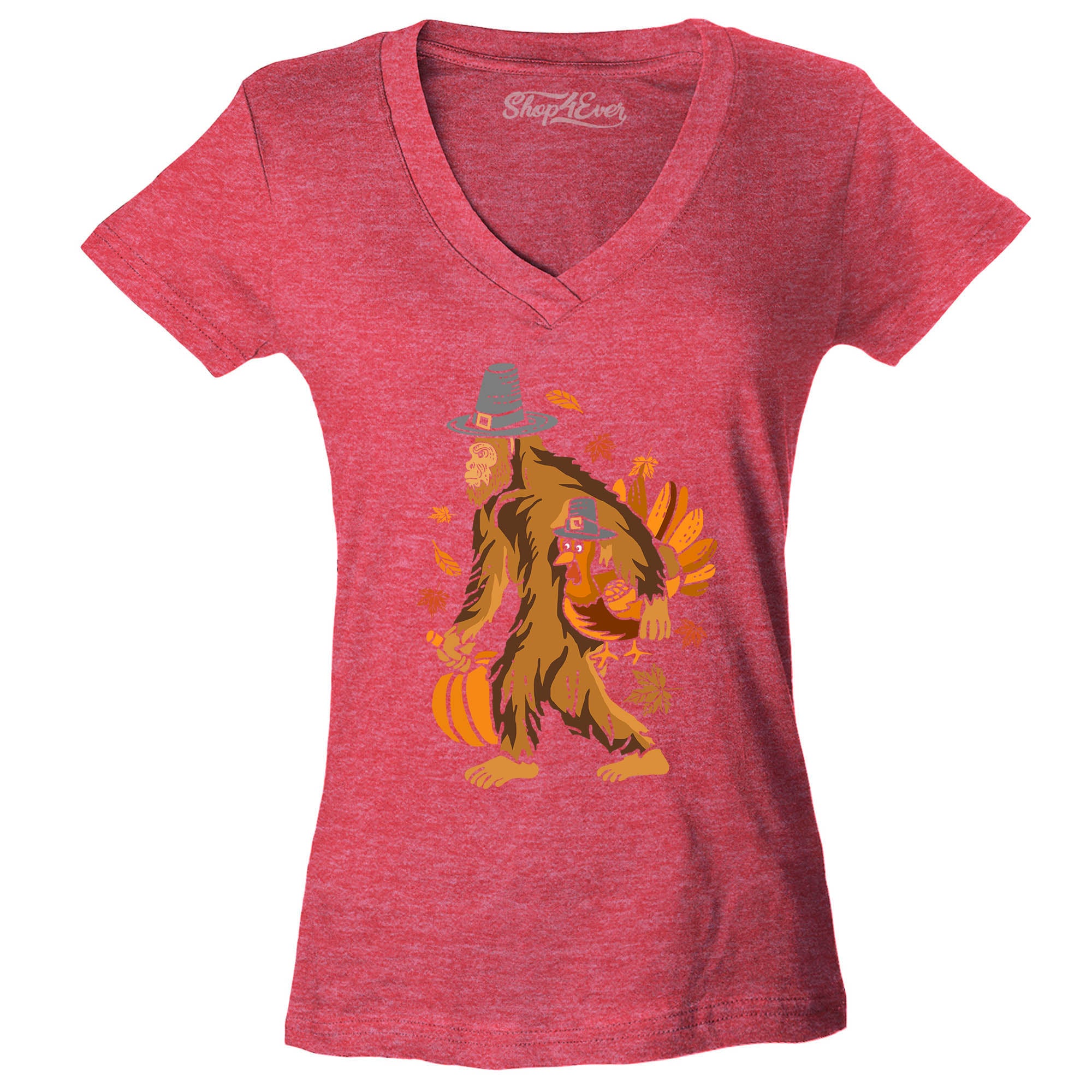 Bigfoot Pilgrim Turkey Pumpkin Thanksgiving Sasquatch Women's V-Neck T-Shirt Slim Fit