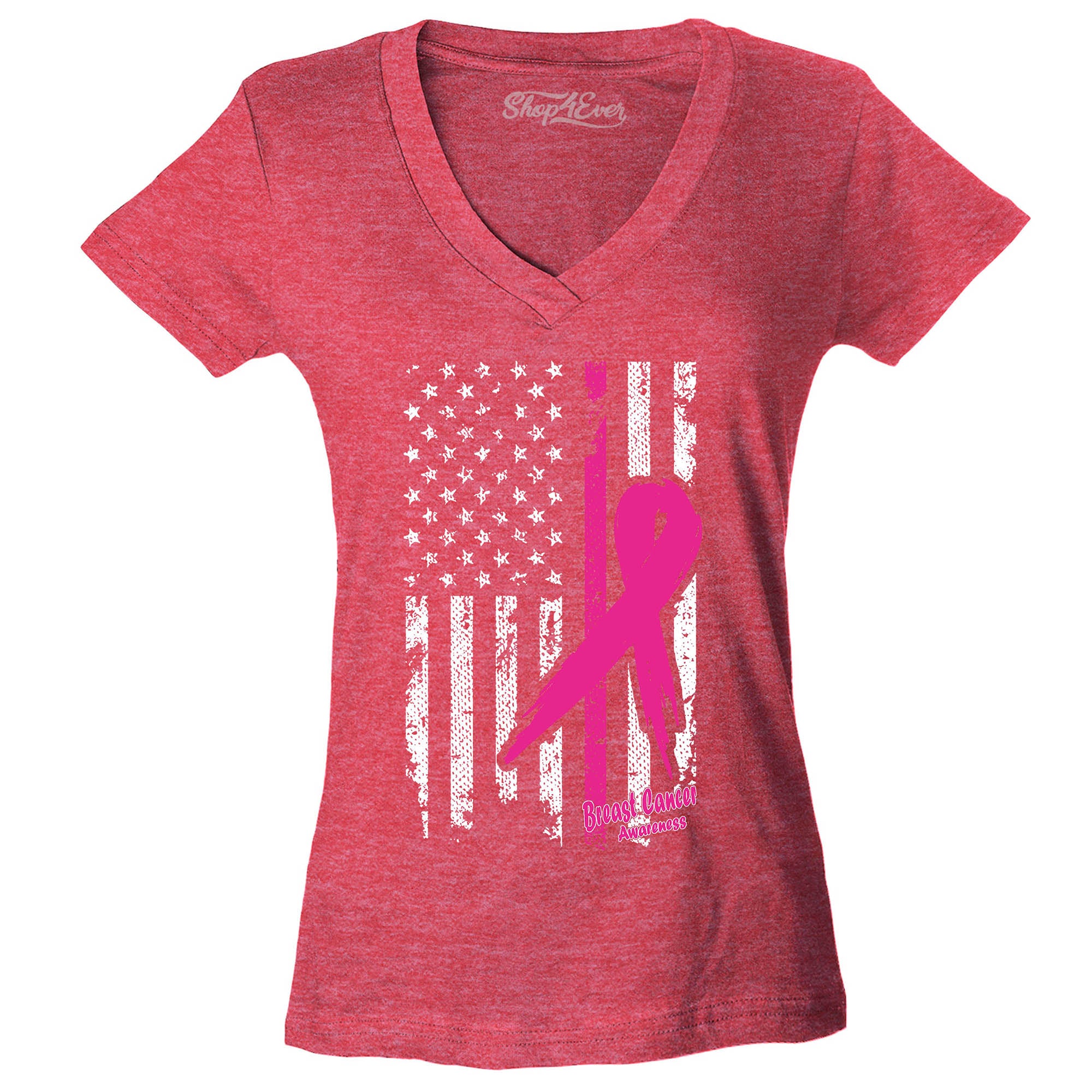 Pink Breast Cancer Ribbon American Flag Women's V-Neck T-Shirt Slim FIT