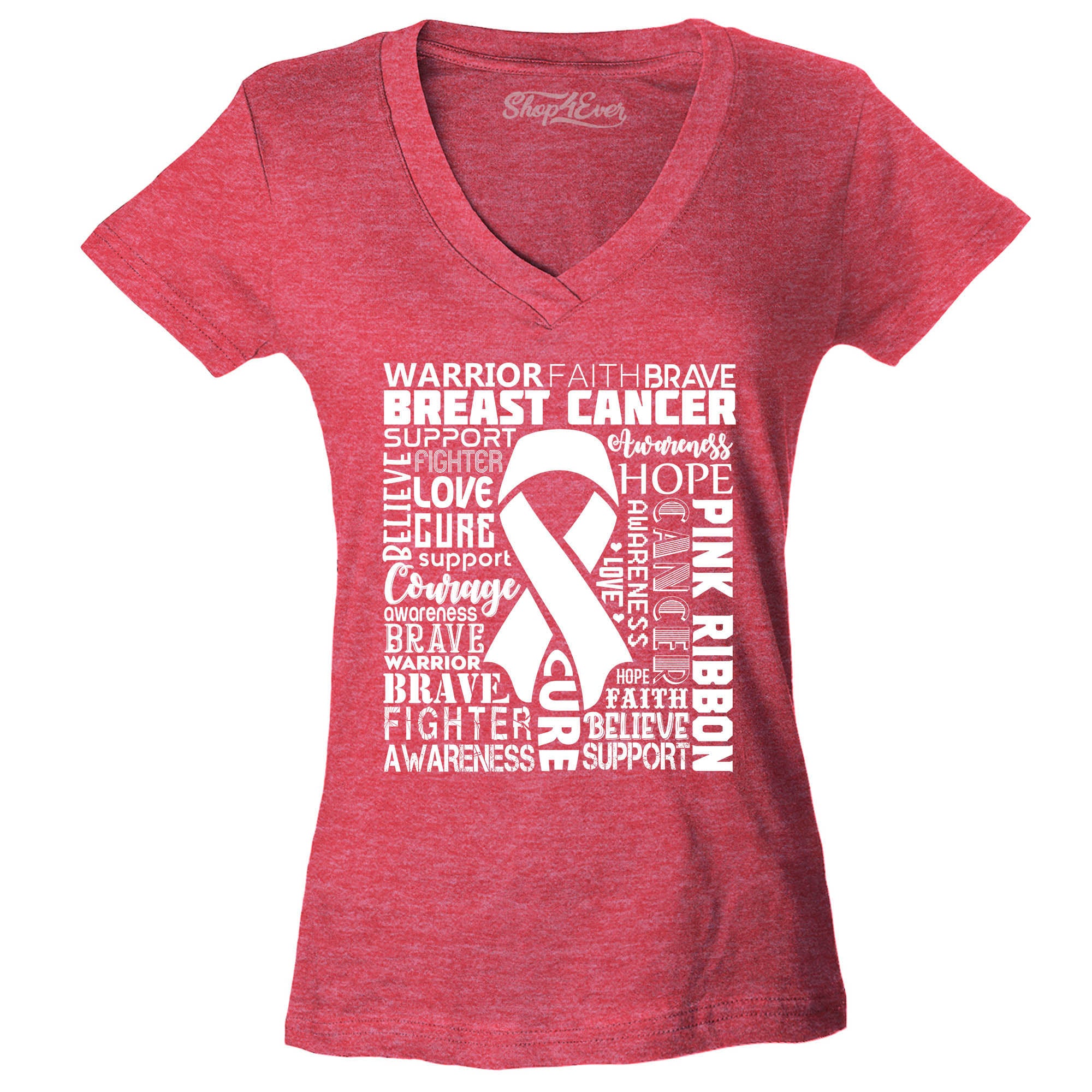 Breast Cancer Awareness White Ribbon Word Cloud Women's V-Neck T-Shirt Slim Fit