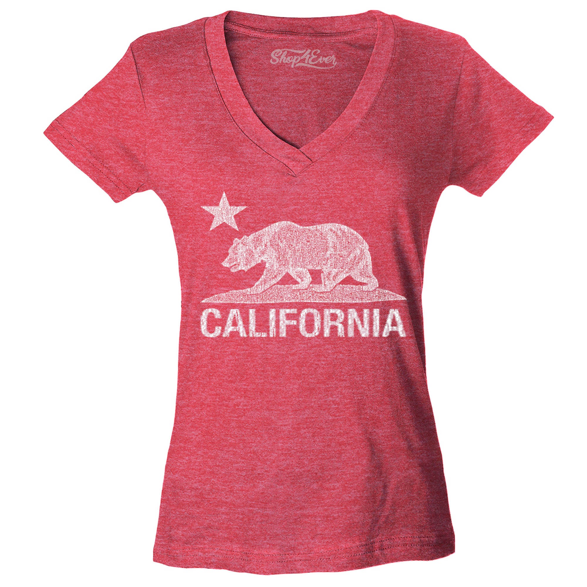 California Distressed White Bear Women's V-Neck T-Shirt Cali Shirts Slim FIT