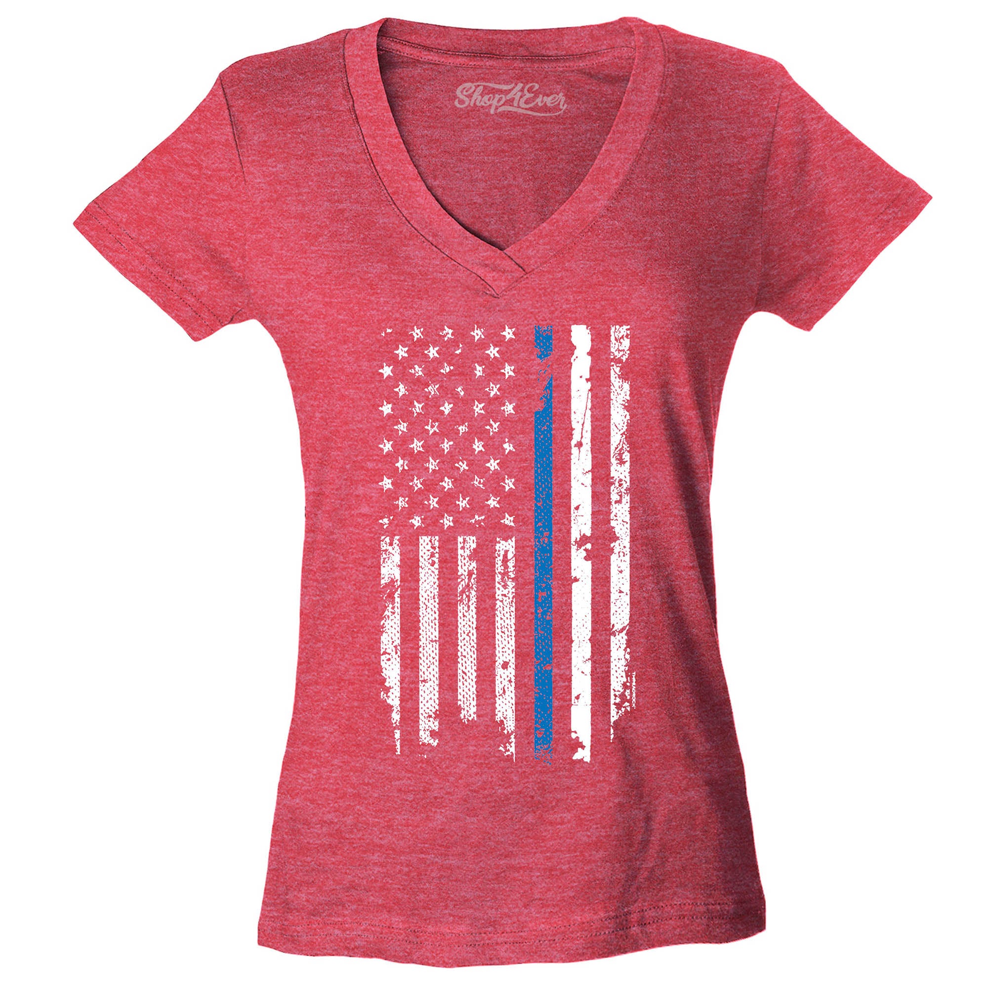 Police Officer American Flag Blue Line USA Women's V-Neck T-Shirt Law Enforcement Shirts Slim FIT