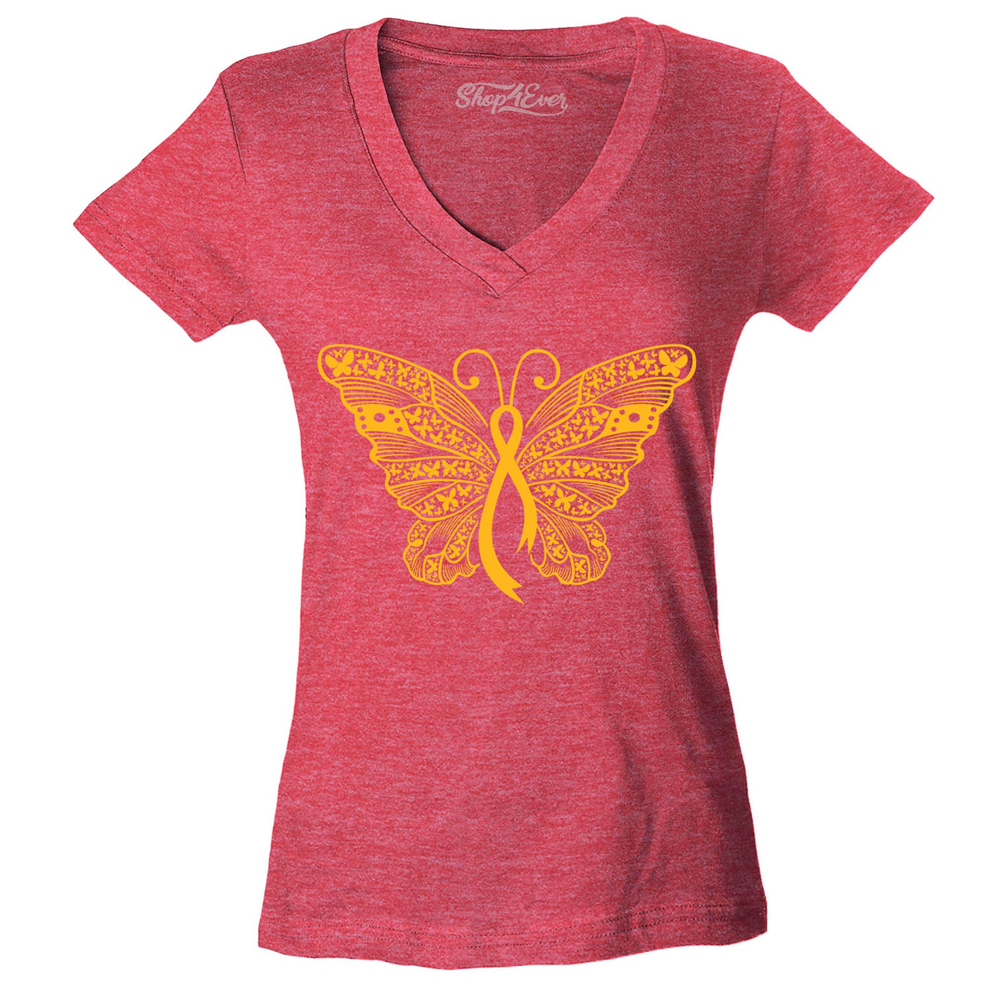 Gold Ribbon Butterfly Childhood Cancer Awareness Women's V-Neck T-Shirt Slim Fit