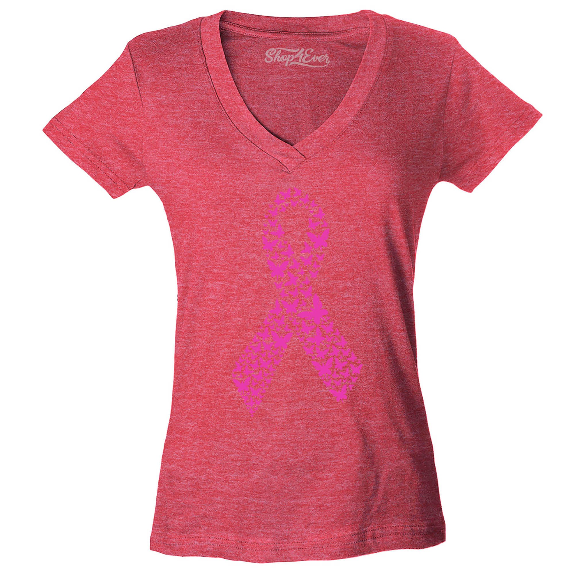 Pink Butterfly Ribbon Breast Cancer Awareness Women's V-Neck T-Shirt Slim Fit