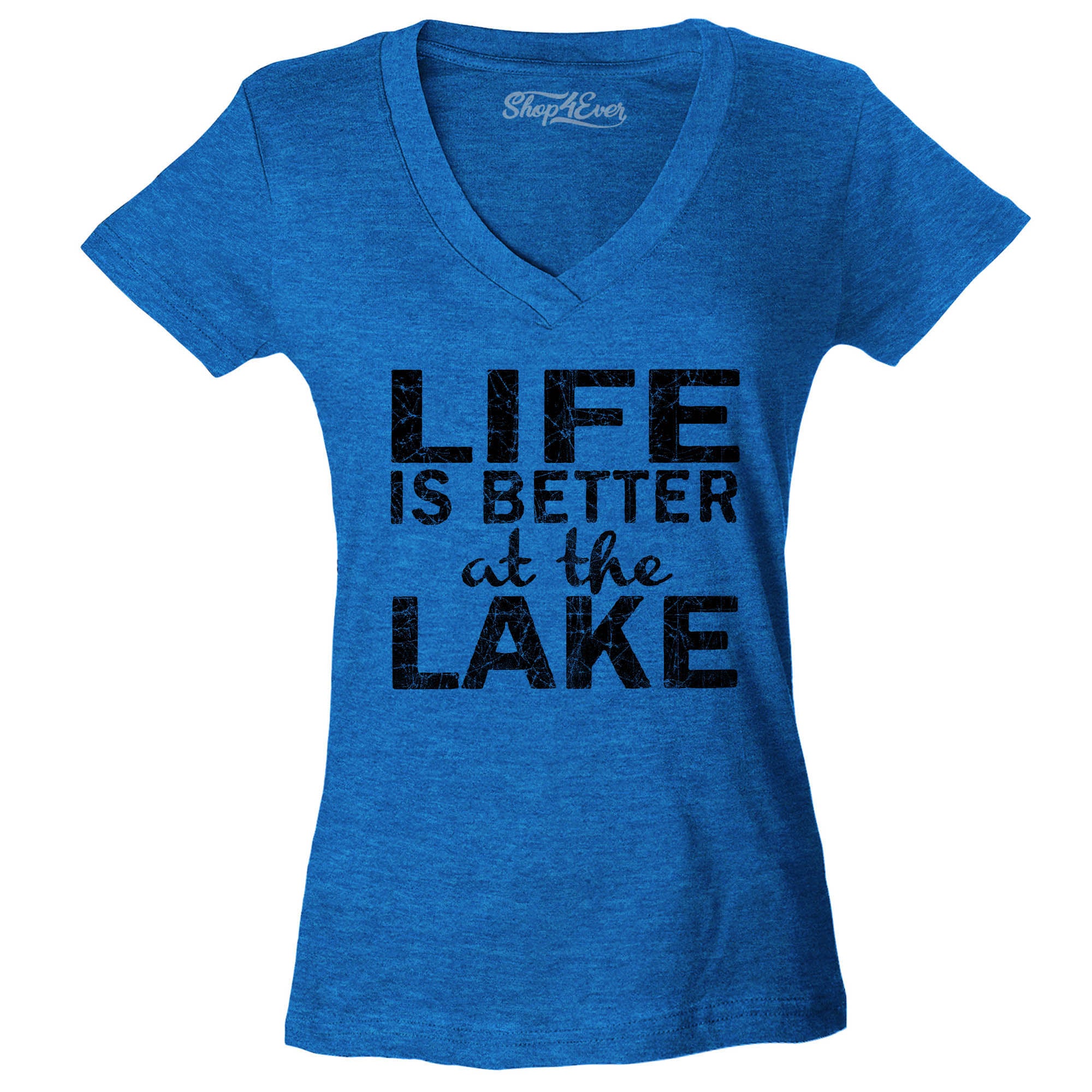 Life is Better at The Lake Black Women's V-Neck T-Shirt Sayings Shirts Slim FIT