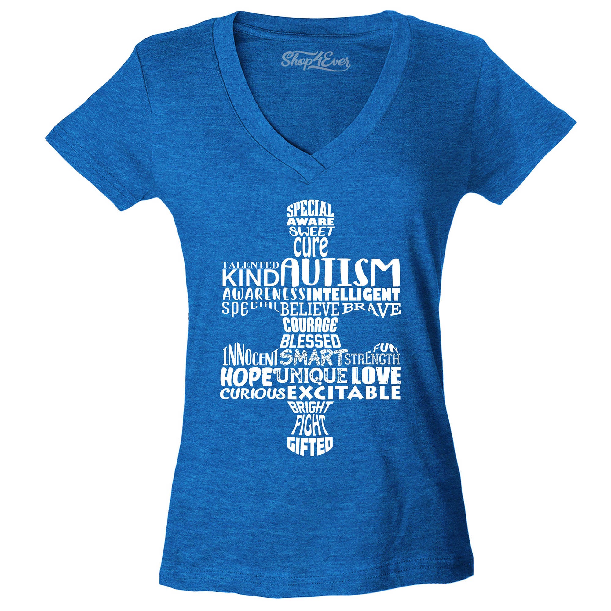 Puzzle Piece Word Cloud Autism Awareness Women's V-Neck T-Shirt Slim Fit
