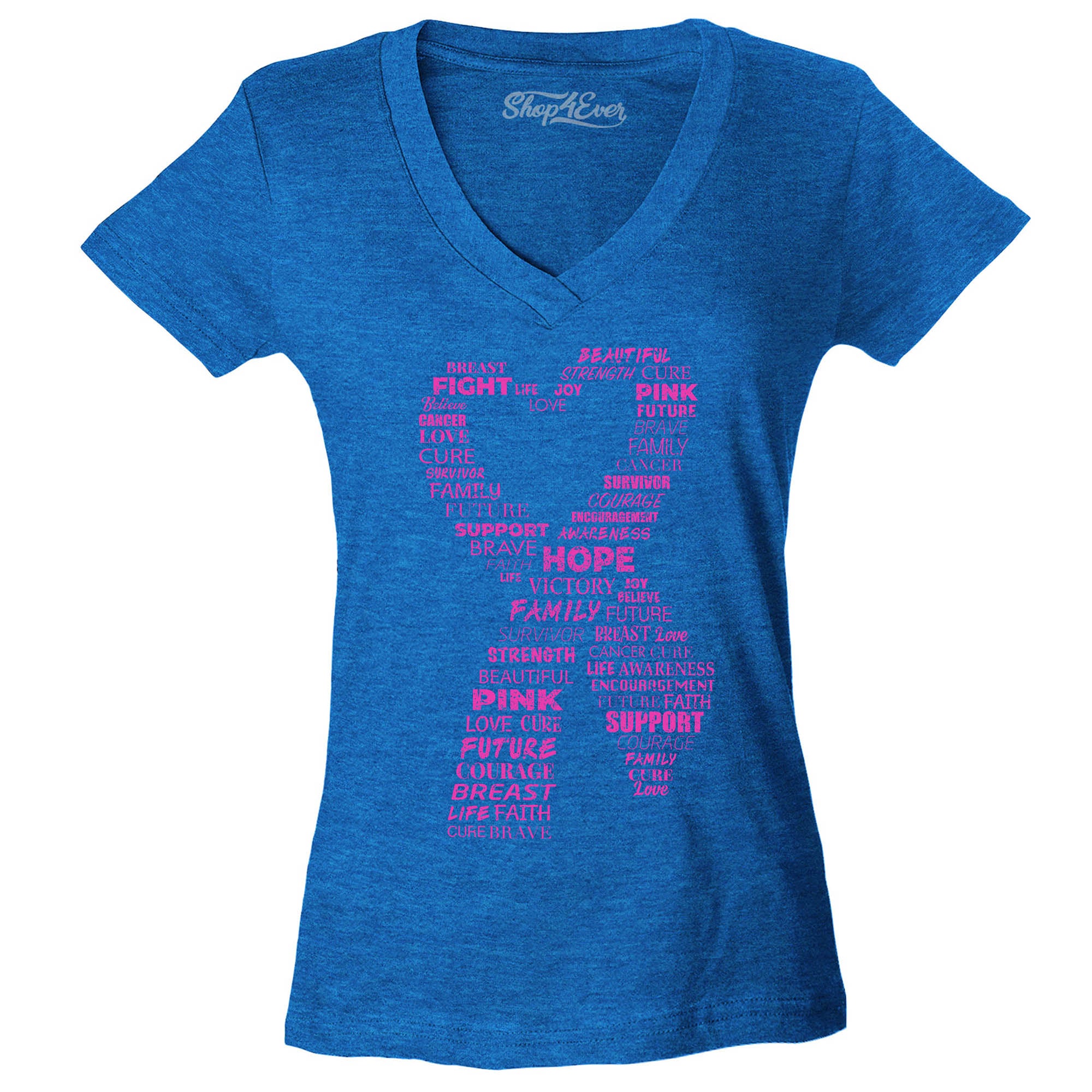 Pink Heart Ribbon Montage Breast Cancer Awareness Word Cloud Women's V-Neck T-Shirt Slim Fit