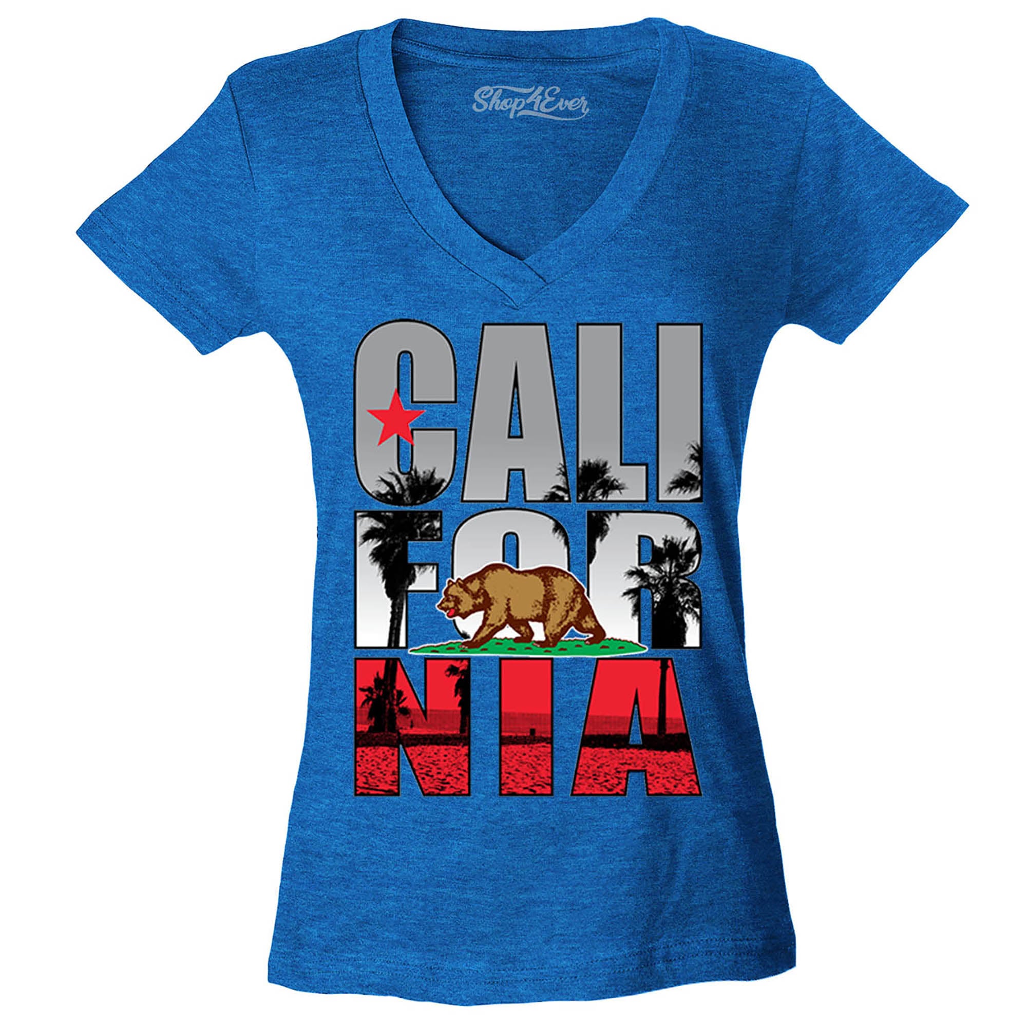 California Beach Palm Tree Women's V-Neck T-Shirt Flag Shirts Slim FIT