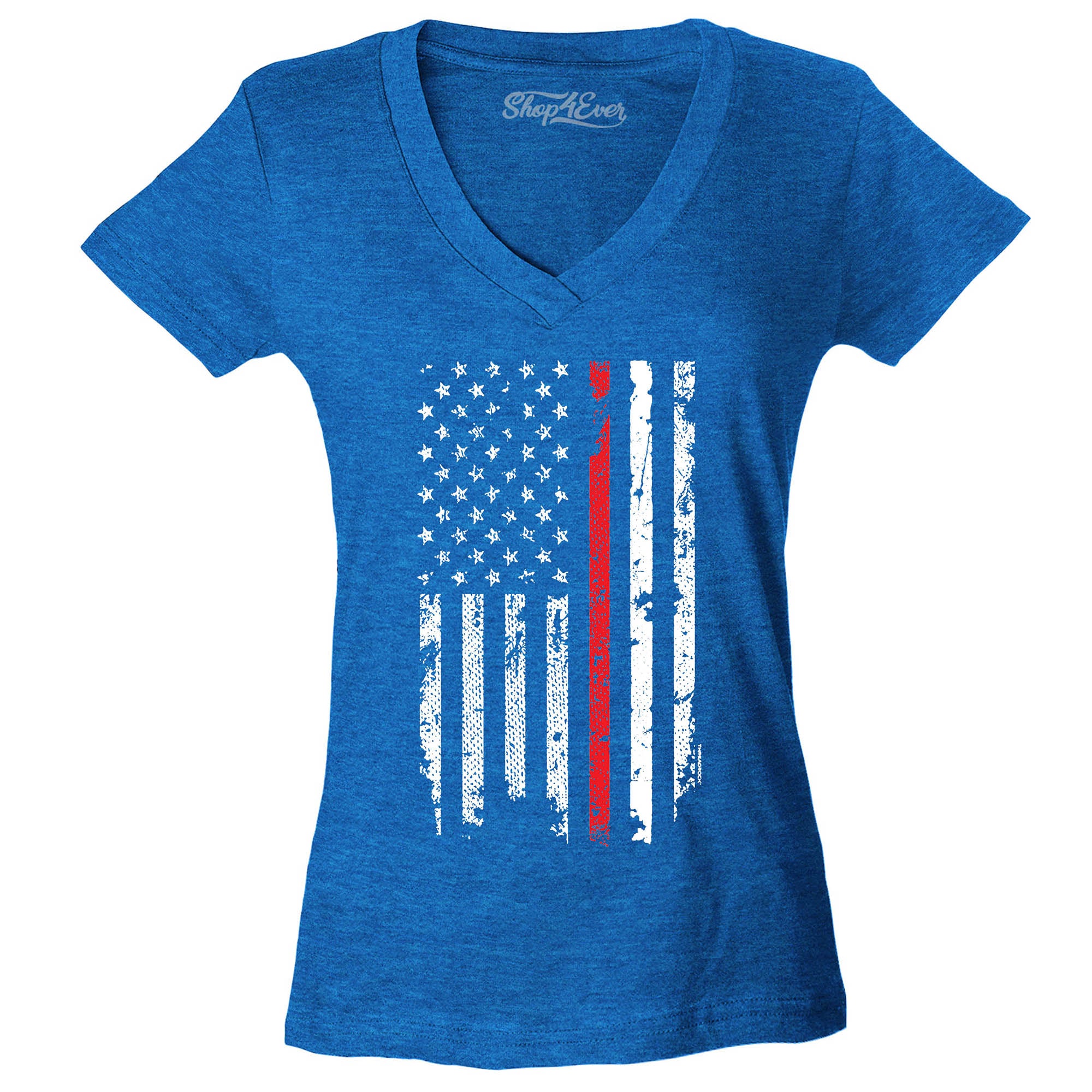 Firefighter American Flag Red Line Stripe USA Women's V-Neck T-Shirt 4th of July Shirts Slim FIT