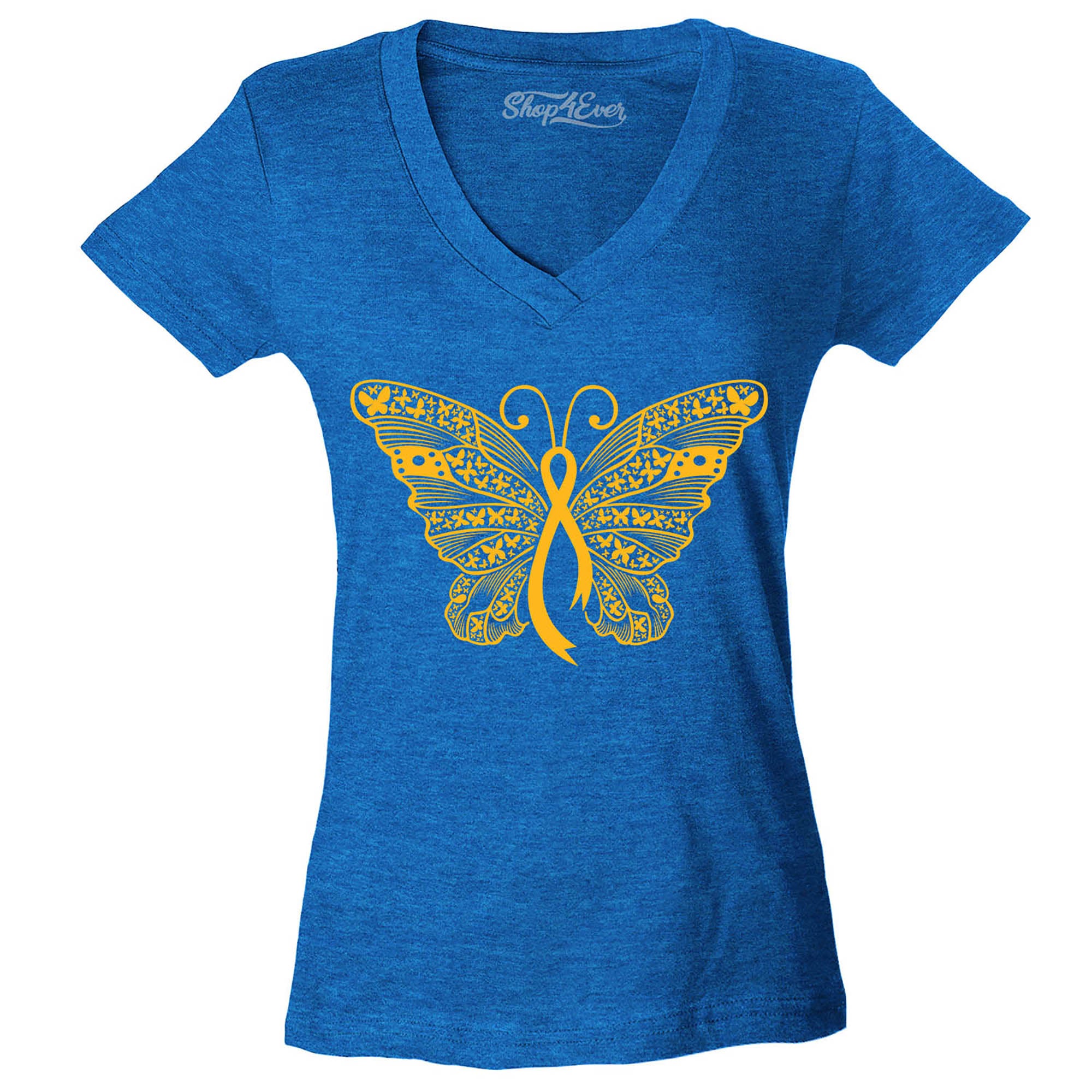 Gold Ribbon Butterfly Childhood Cancer Awareness Women's V-Neck T-Shirt Slim Fit