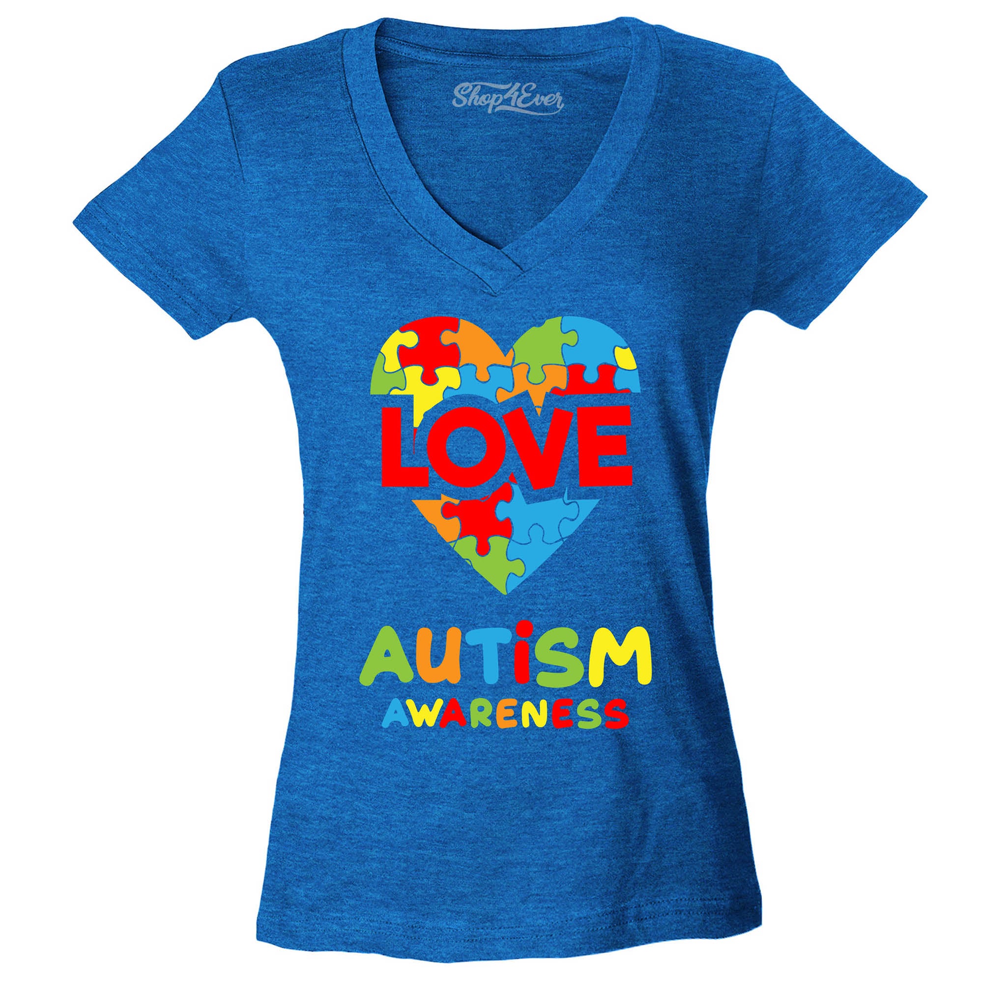 Autism Awareness Love with Puzzled Heart Women's V-Neck T-Shirt Slim Fit