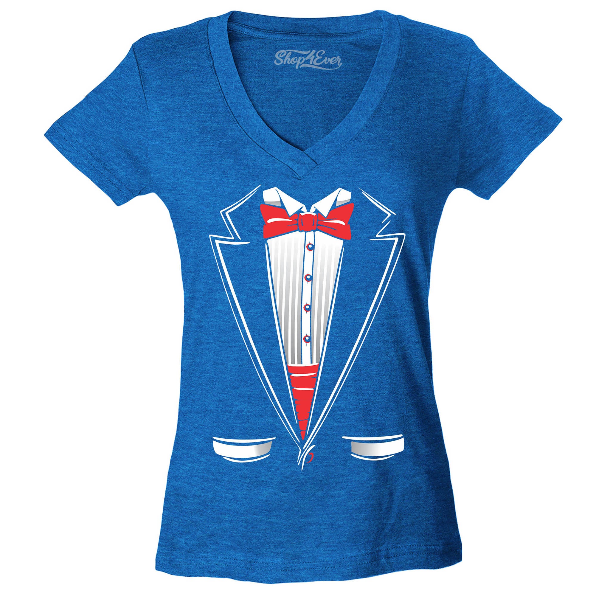 Classic Tuxedo Women's V-Neck T-Shirt Party Costume Shirts Slim FIT