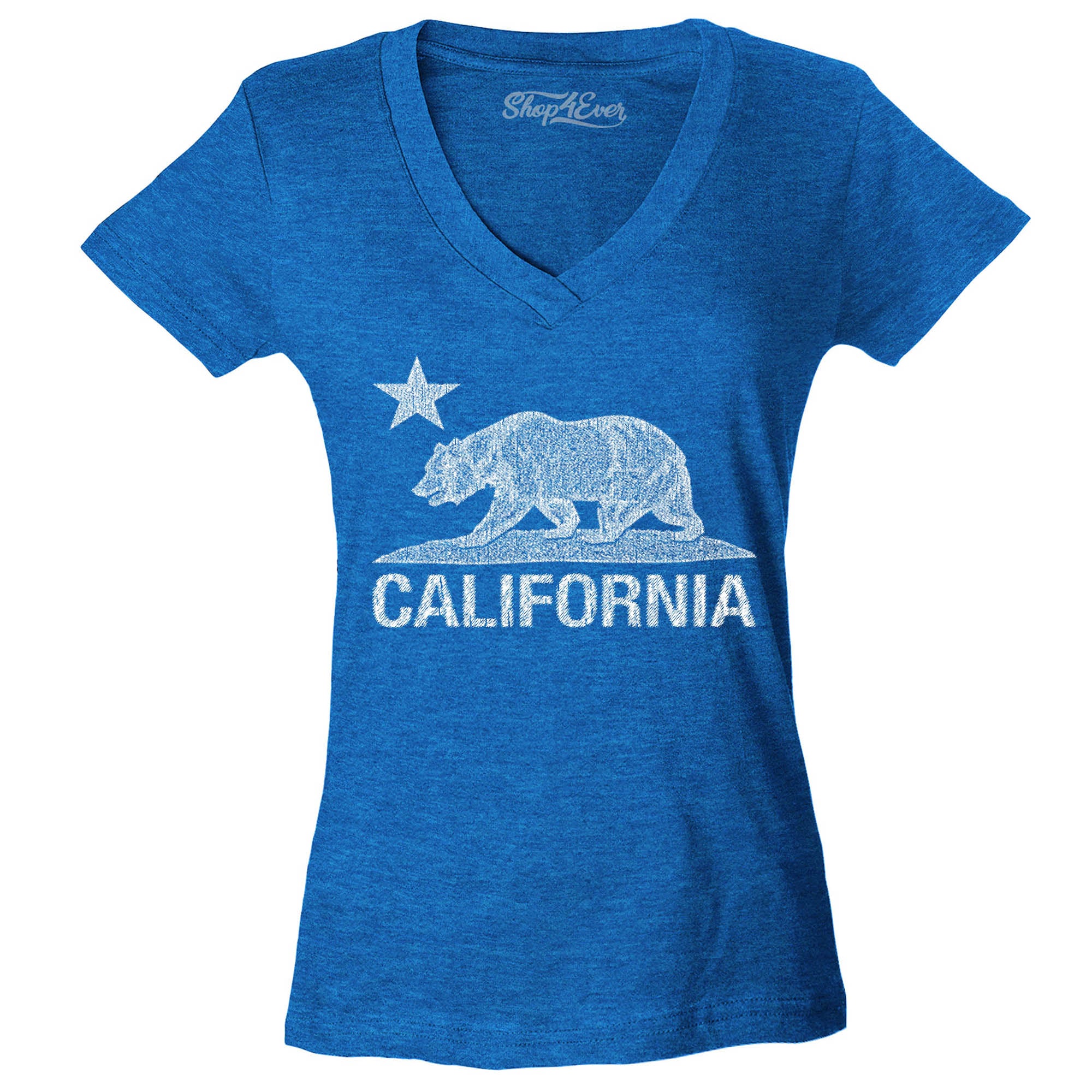 California Distressed White Bear Women's V-Neck T-Shirt Cali Shirts Slim FIT