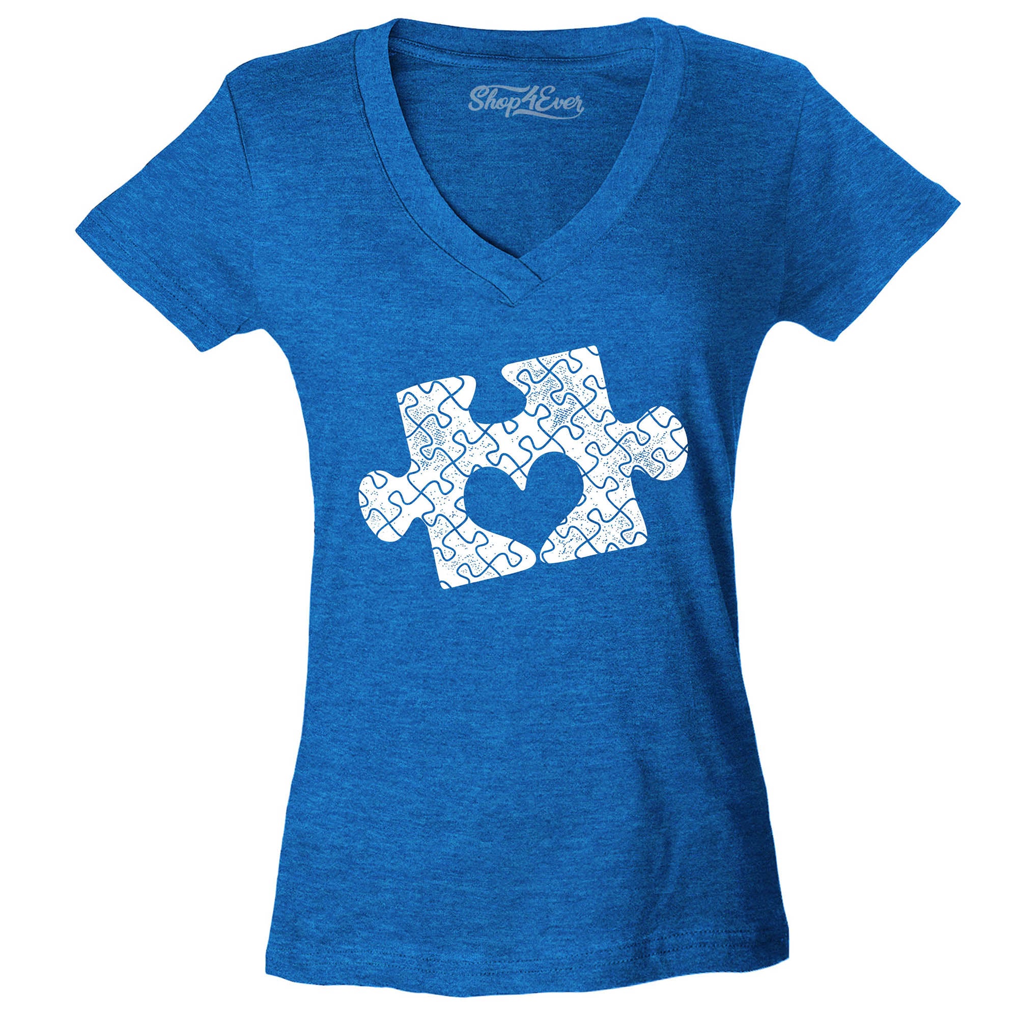 Puzzle Piece Heart Autism Awareness Women's V-Neck T-Shirt Slim Fit