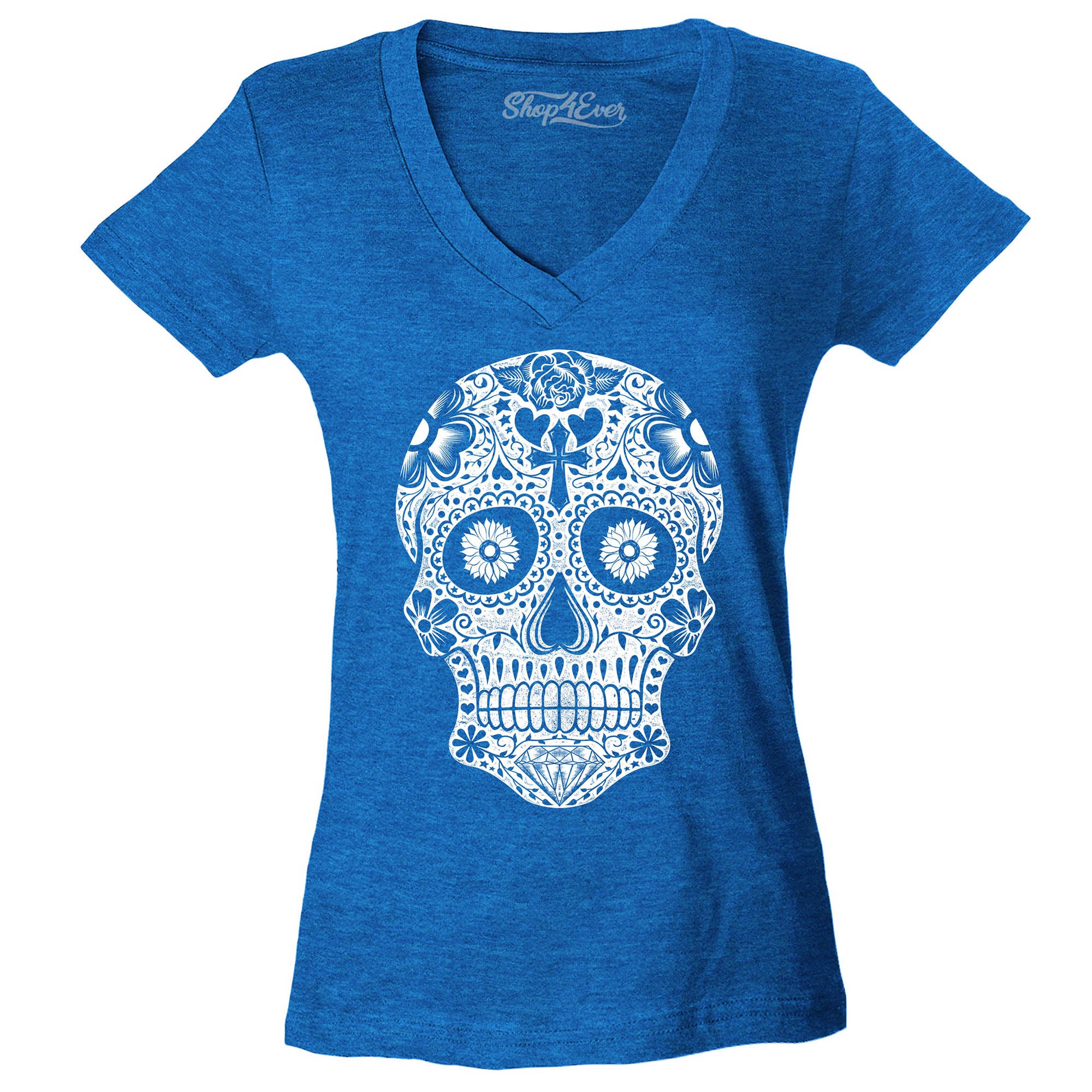 Day of The Dead White Skull Women's V-Neck T-Shirt Slim Fit