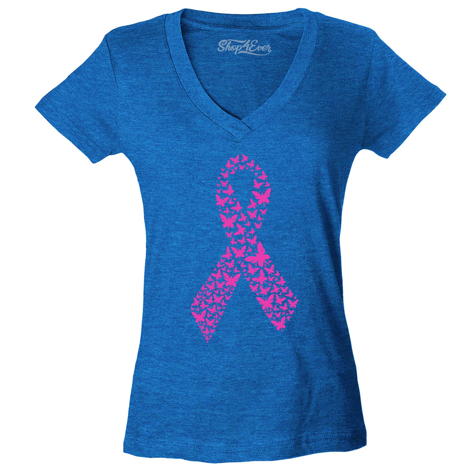 Pink Butterfly Ribbon Breast Cancer Awareness Women's V-Neck T-Shirt Slim Fit