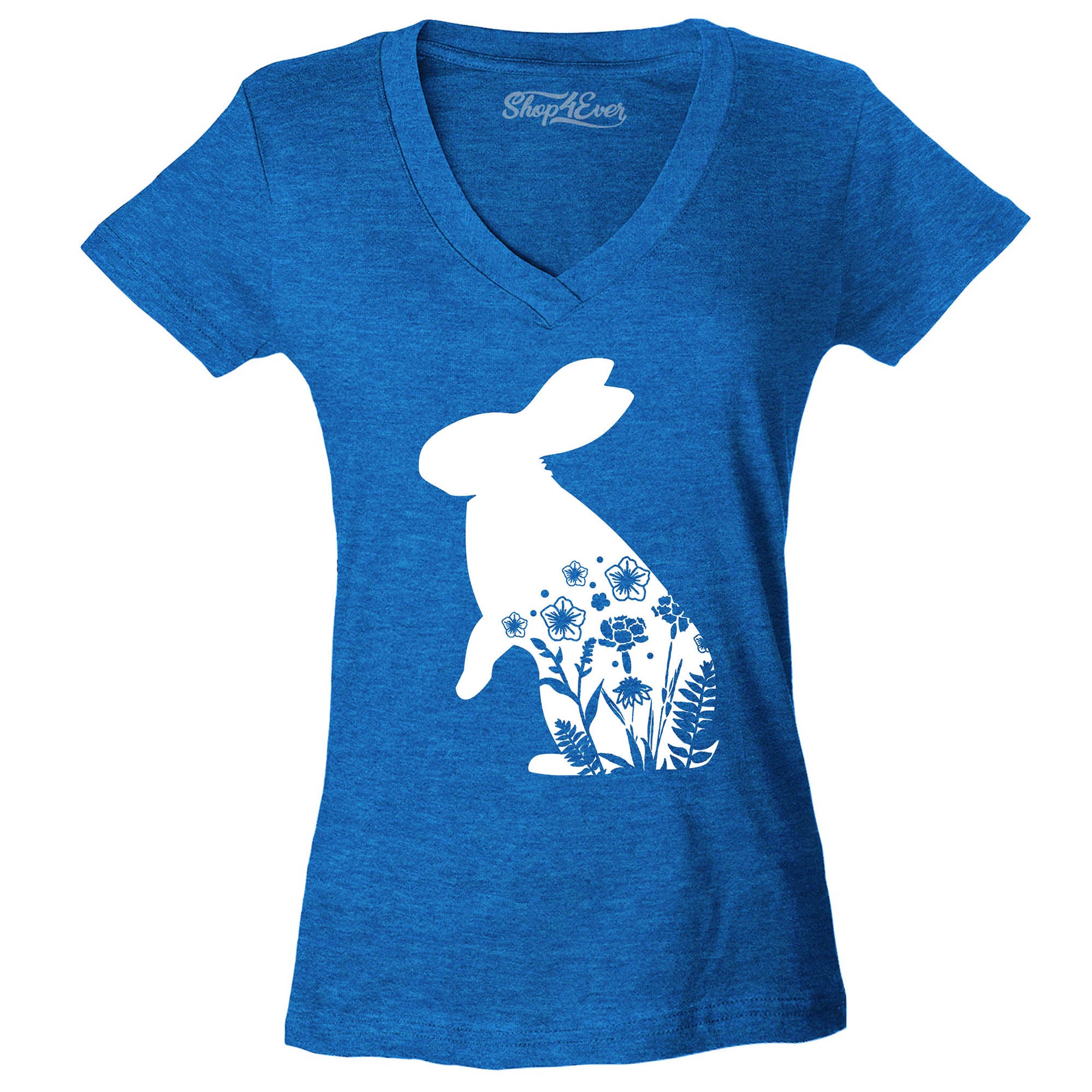 Floral Easter Bunny Rabbit with Spring Flowers Women's V-Neck T-Shirt Slim Fit