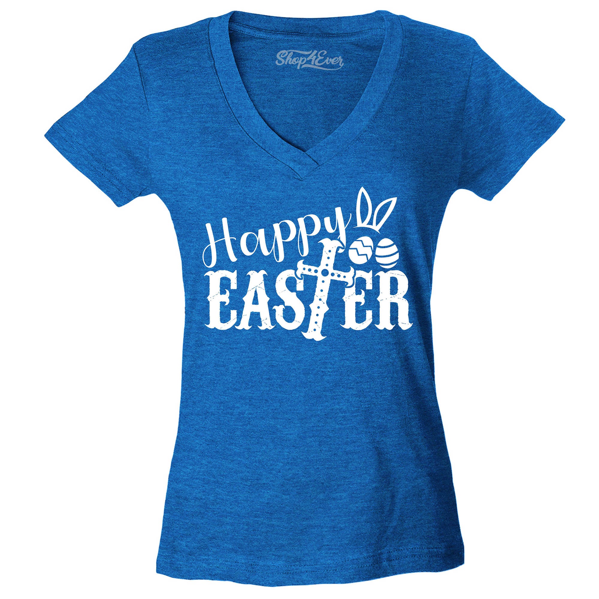 Happy Easter with Cross Women's V-Neck T-Shirt Slim Fit