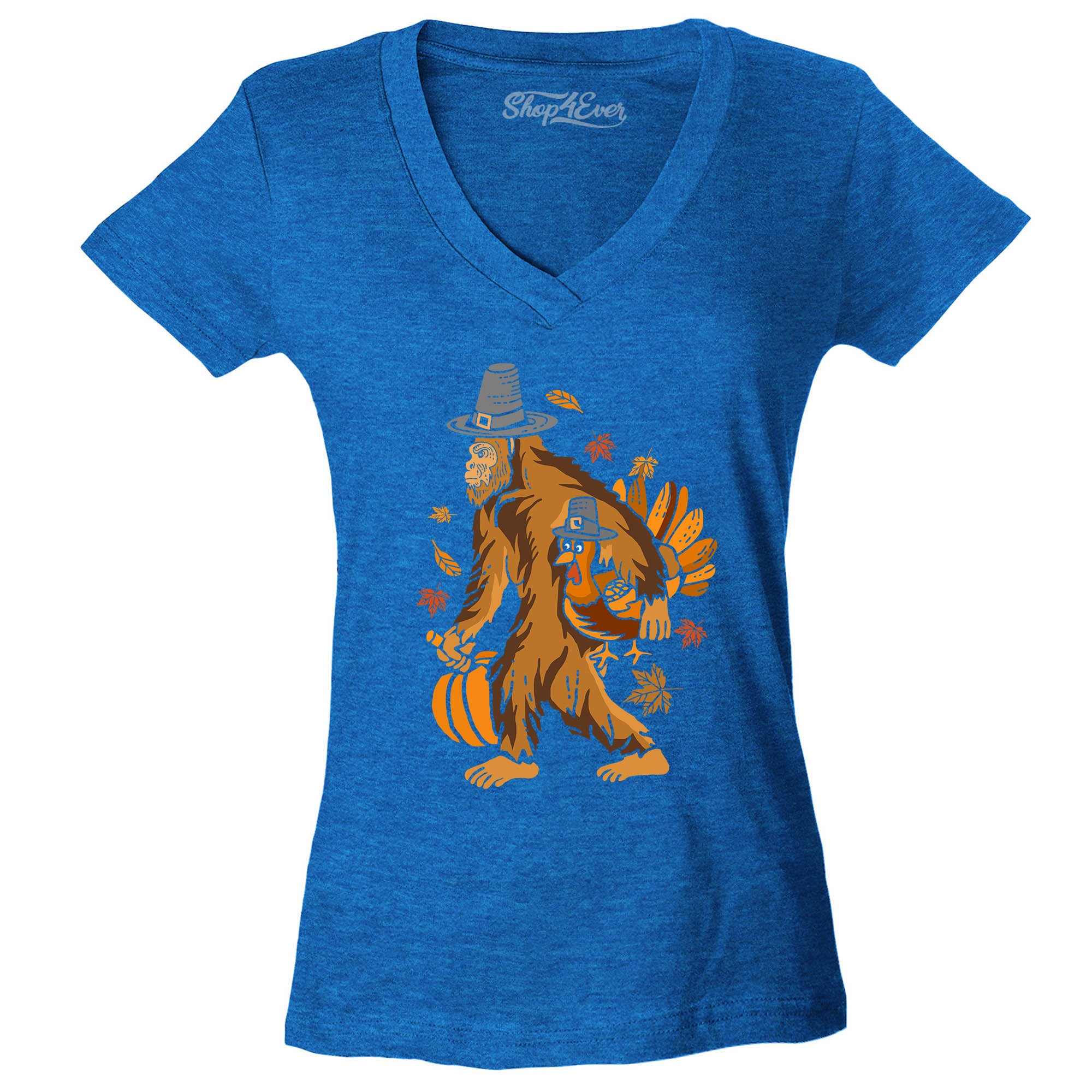 Bigfoot Pilgrim Turkey Pumpkin Thanksgiving Sasquatch Women's V-Neck T-Shirt Slim Fit