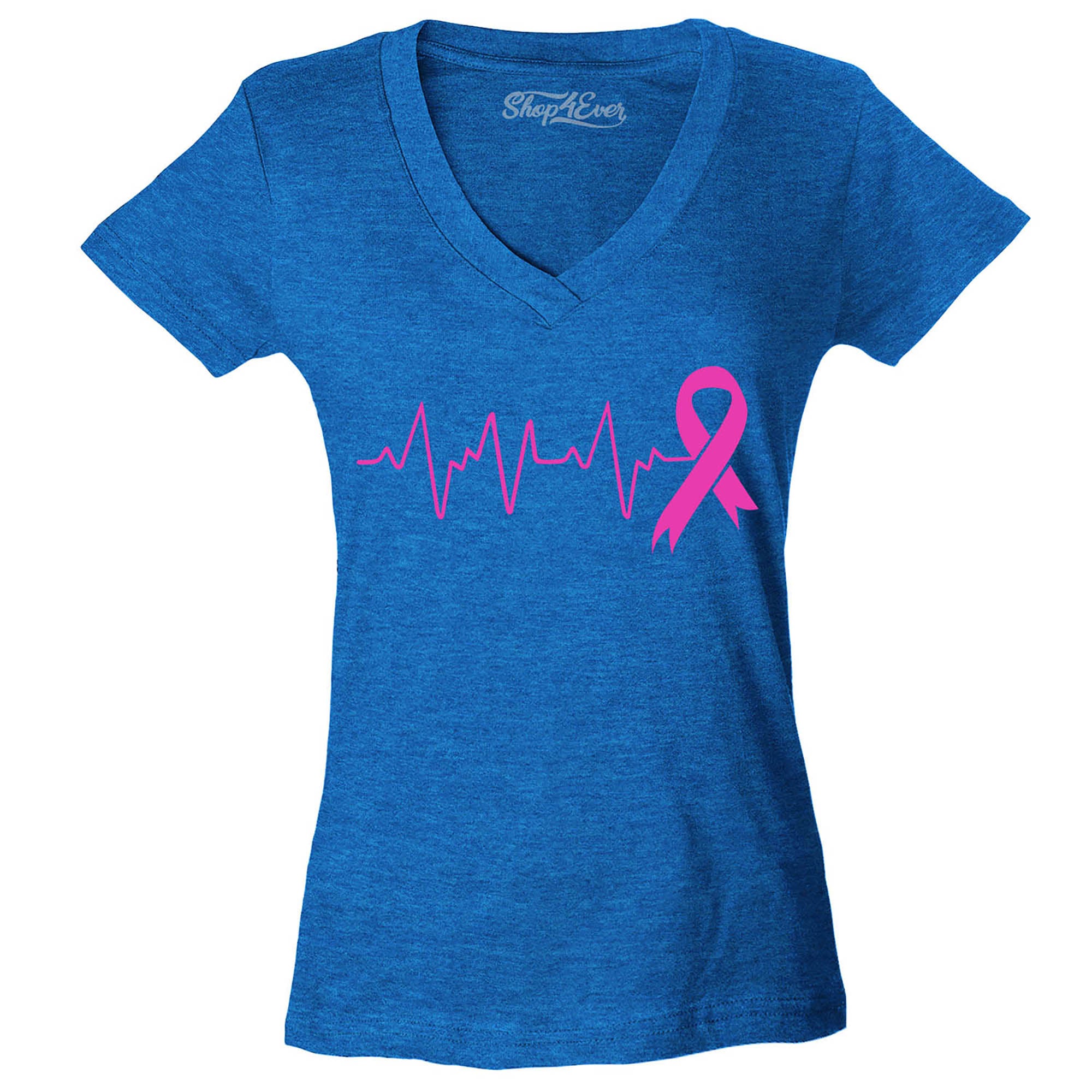 Heartbeat Pink Ribbon Breast Cancer Awareness Women's V-Neck T-Shirt Slim Fit
