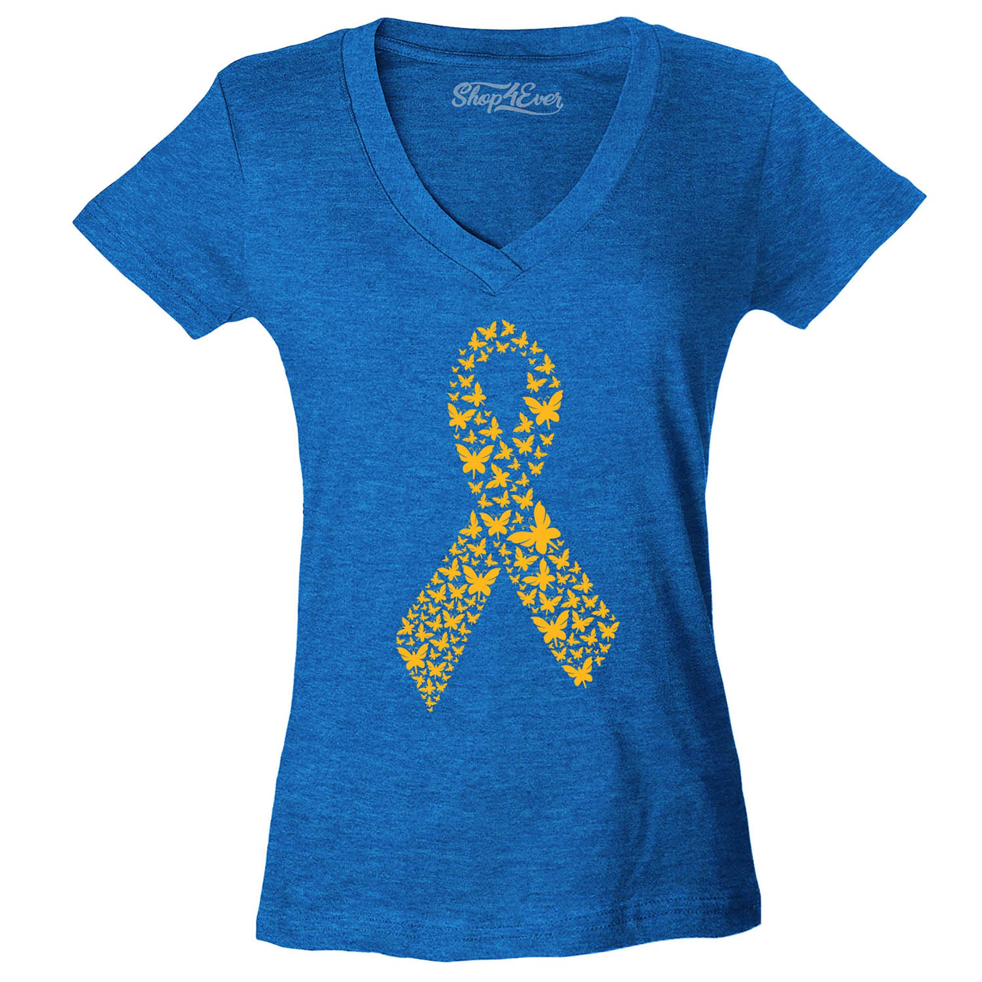 Gold Butterfly Ribbon Childhood Cancer Awareness Women's V-Neck T-Shirt Slim Fit