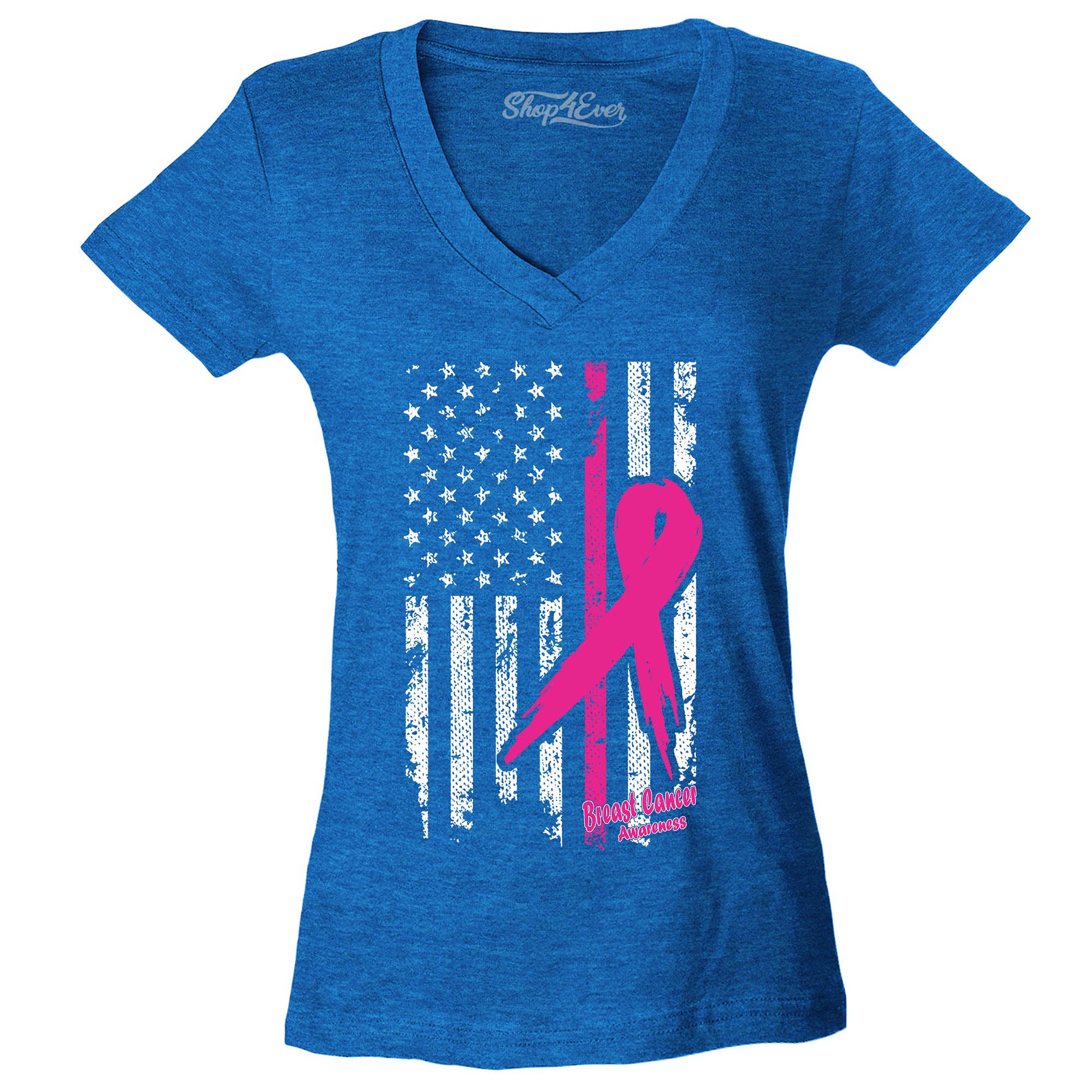 Pink Breast Cancer Ribbon American Flag Women's V-Neck T-Shirt Slim FIT