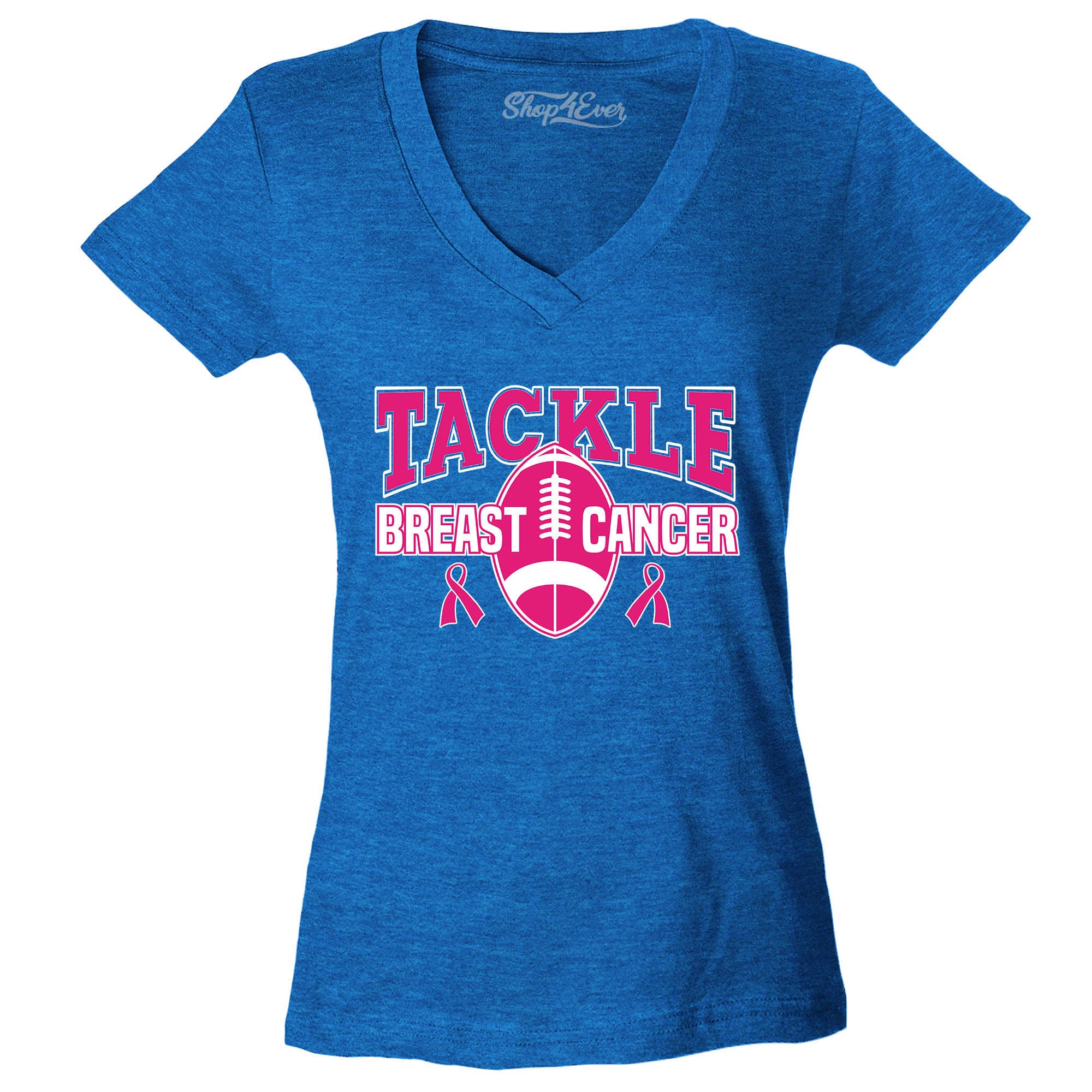 Tackle Breast Cancer Awareness Women's V-Neck T-Shirt Football Pink Ribbon Shirts Slim Fit
