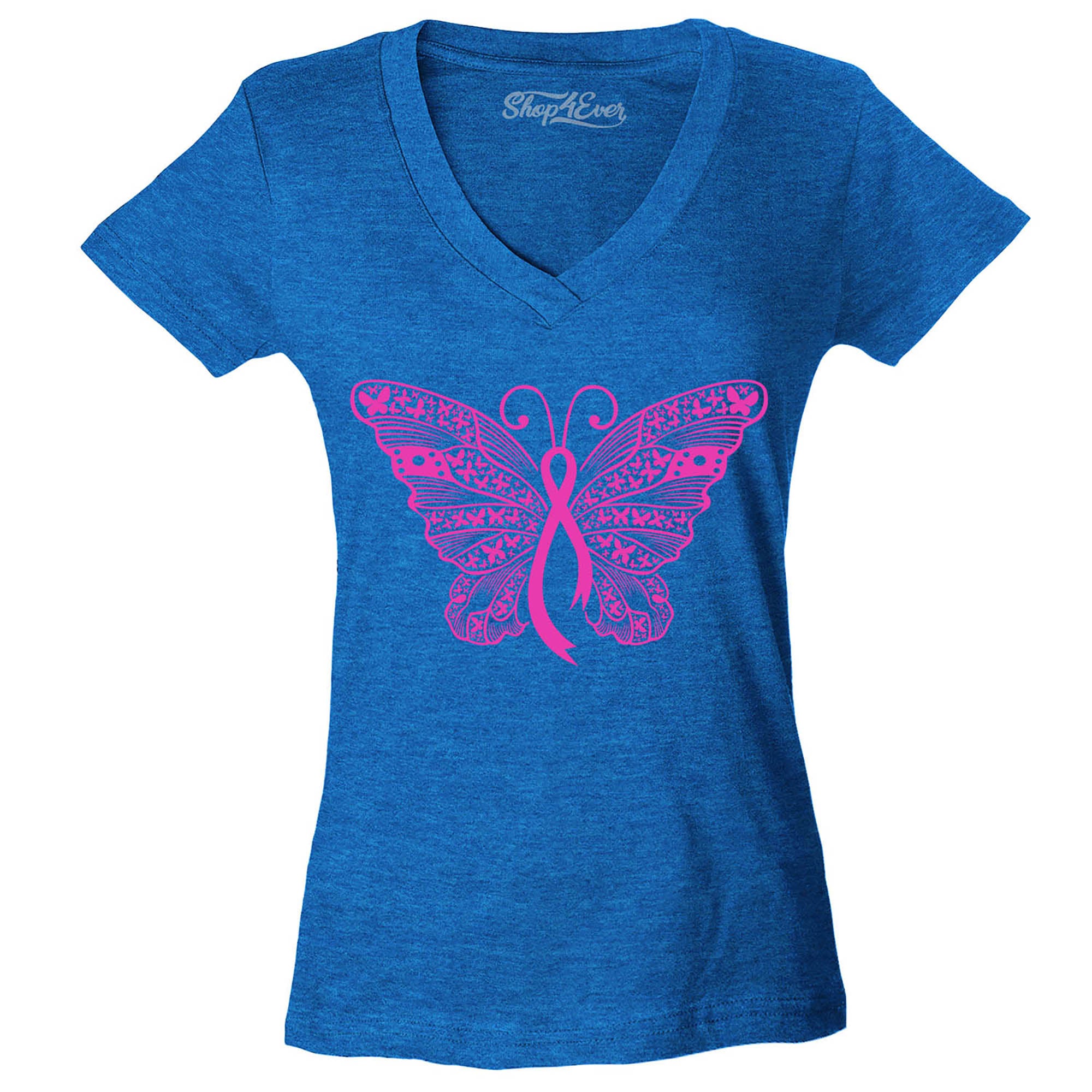 Pink Ribbon Butterfly Breast Cancer Awareness Women's V-Neck T-Shirt Slim Fit