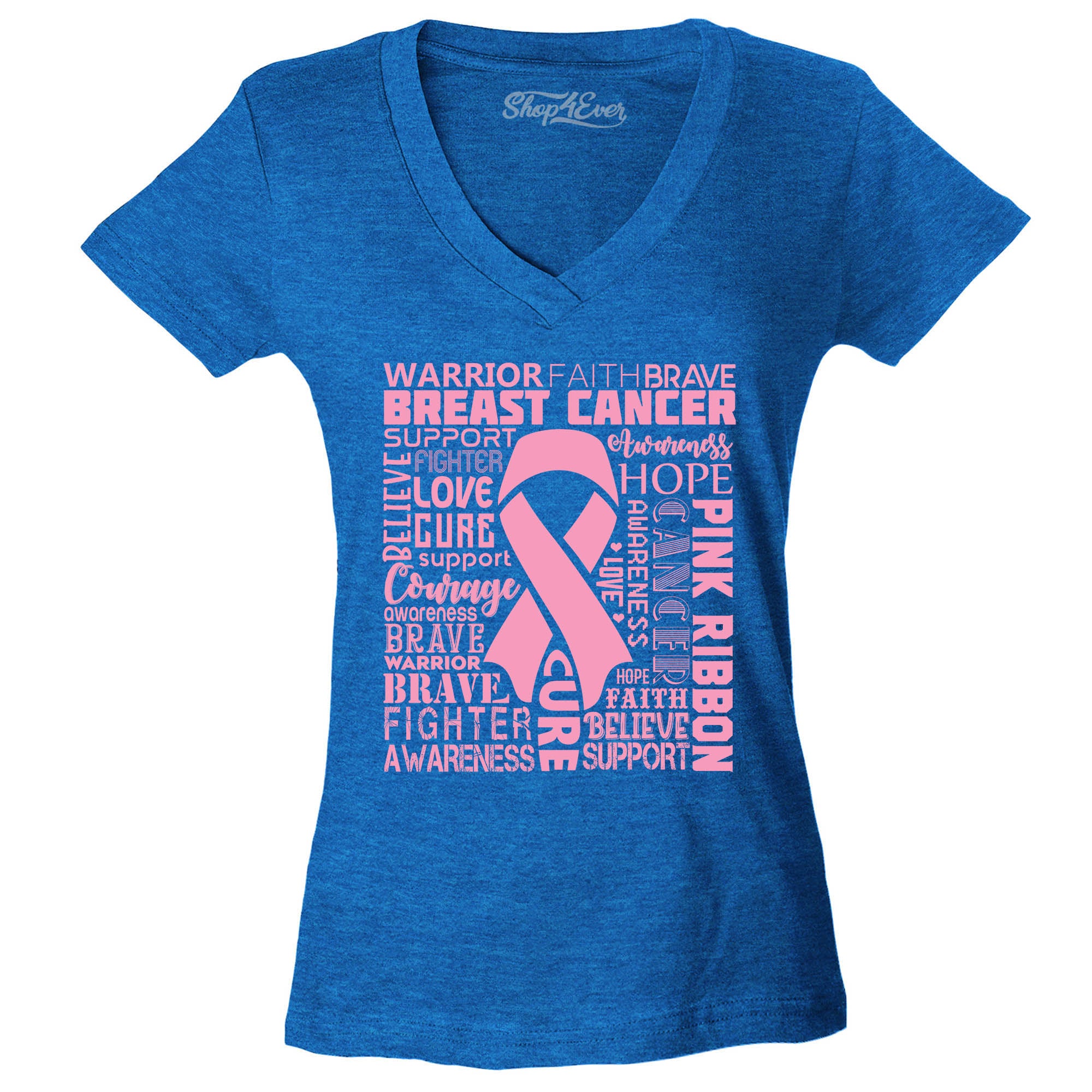 Breast Cancer Awareness Pink Ribbon Word Cloud Women's V-Neck T-Shirt Slim Fit