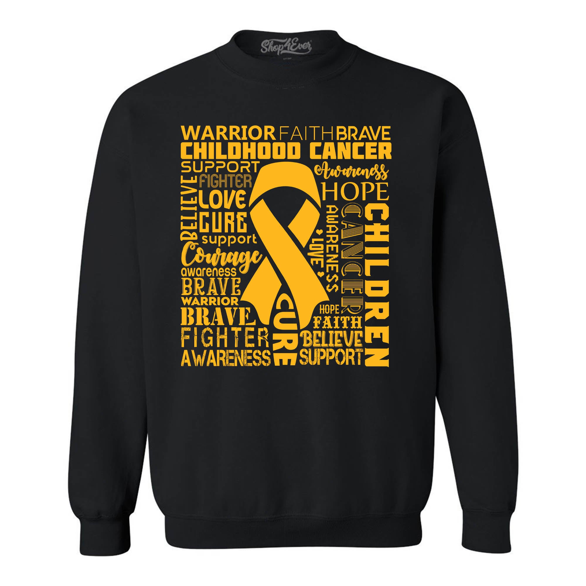 Childhood Cancer Awareness Gold Ribbon Word Cloud Crewneck Sweatshirts