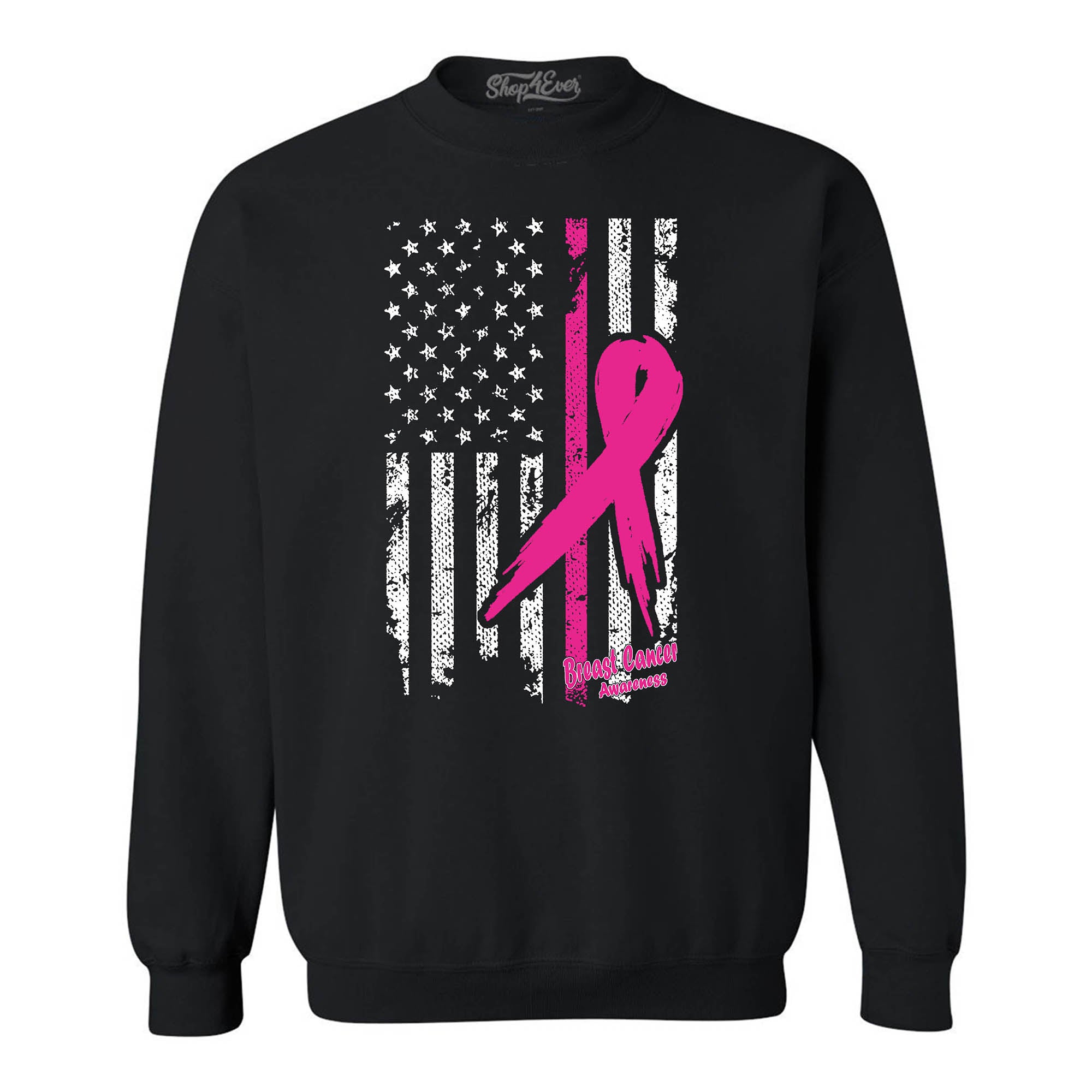 Pink Breast Cancer Ribbon American Flag Crewneck Sweatshirts