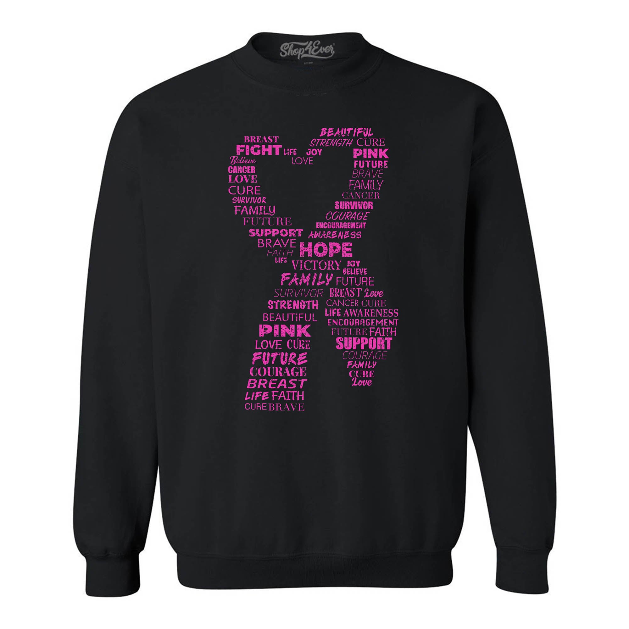 Pink Heart Ribbon Montage Breast Cancer Word Cloud Crewneck Sweatshirts