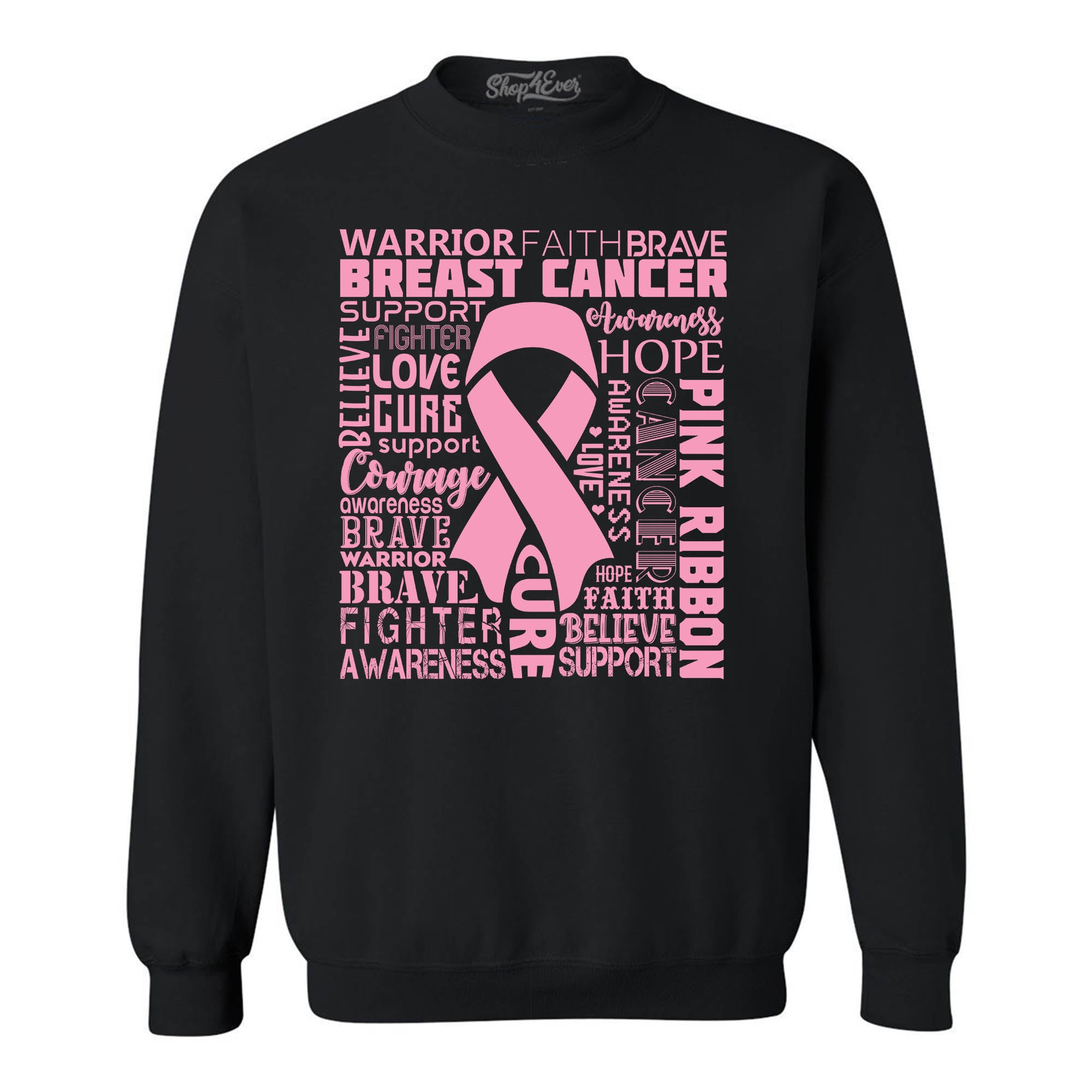 Breast Cancer Awareness Pink Ribbon Word Cloud Crewneck Sweatshirts