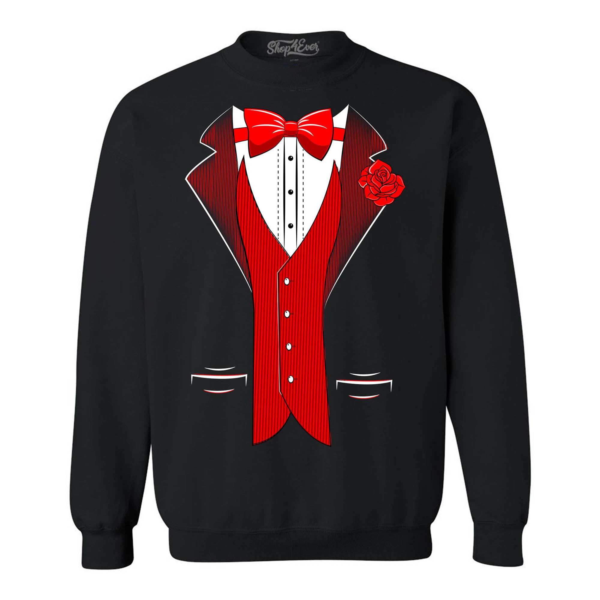 Classic Tuxedo with Red Rose Funny Party Costume Crewneck Sweatshirts