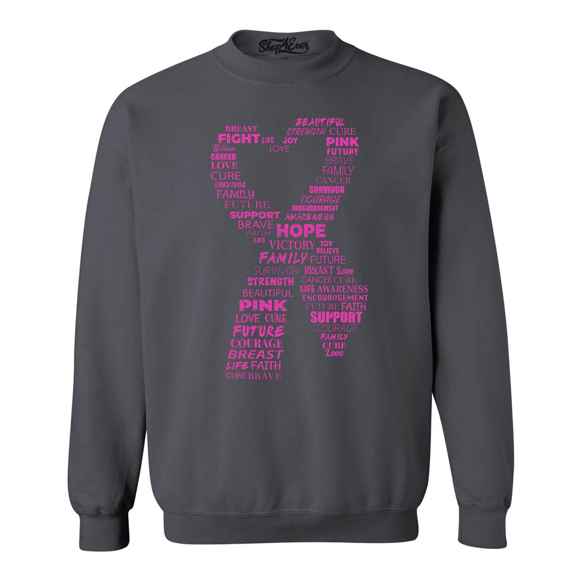 Pink Heart Ribbon Montage Breast Cancer Word Cloud Crewneck Sweatshirts