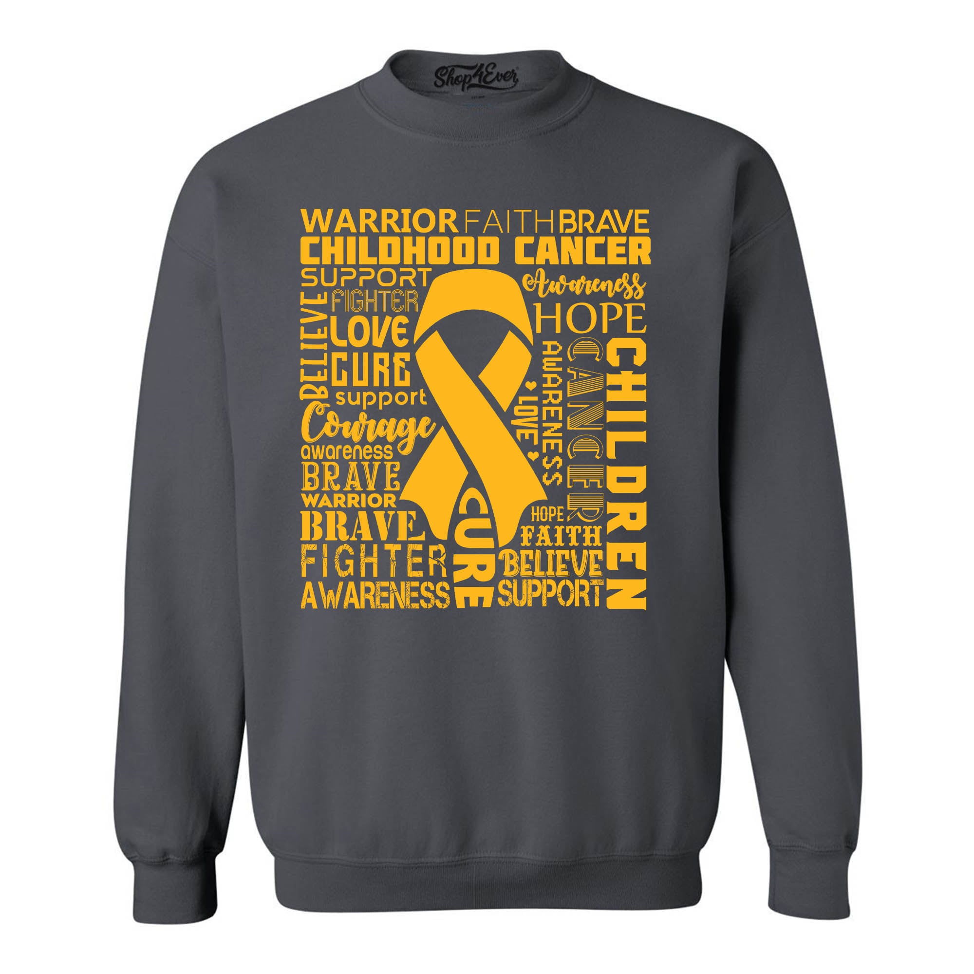 Childhood Cancer Awareness Gold Ribbon Word Cloud Crewneck Sweatshirts