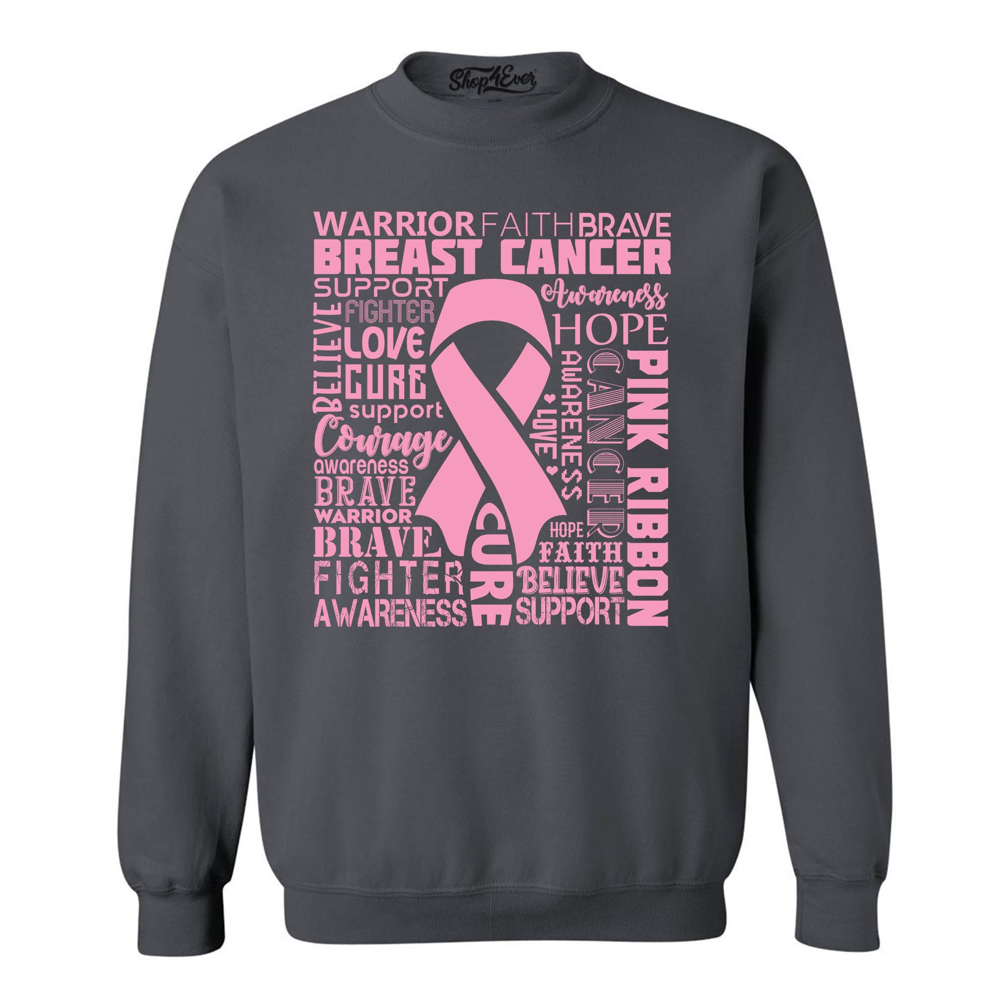 Breast Cancer Awareness Pink Ribbon Word Cloud Crewneck Sweatshirts