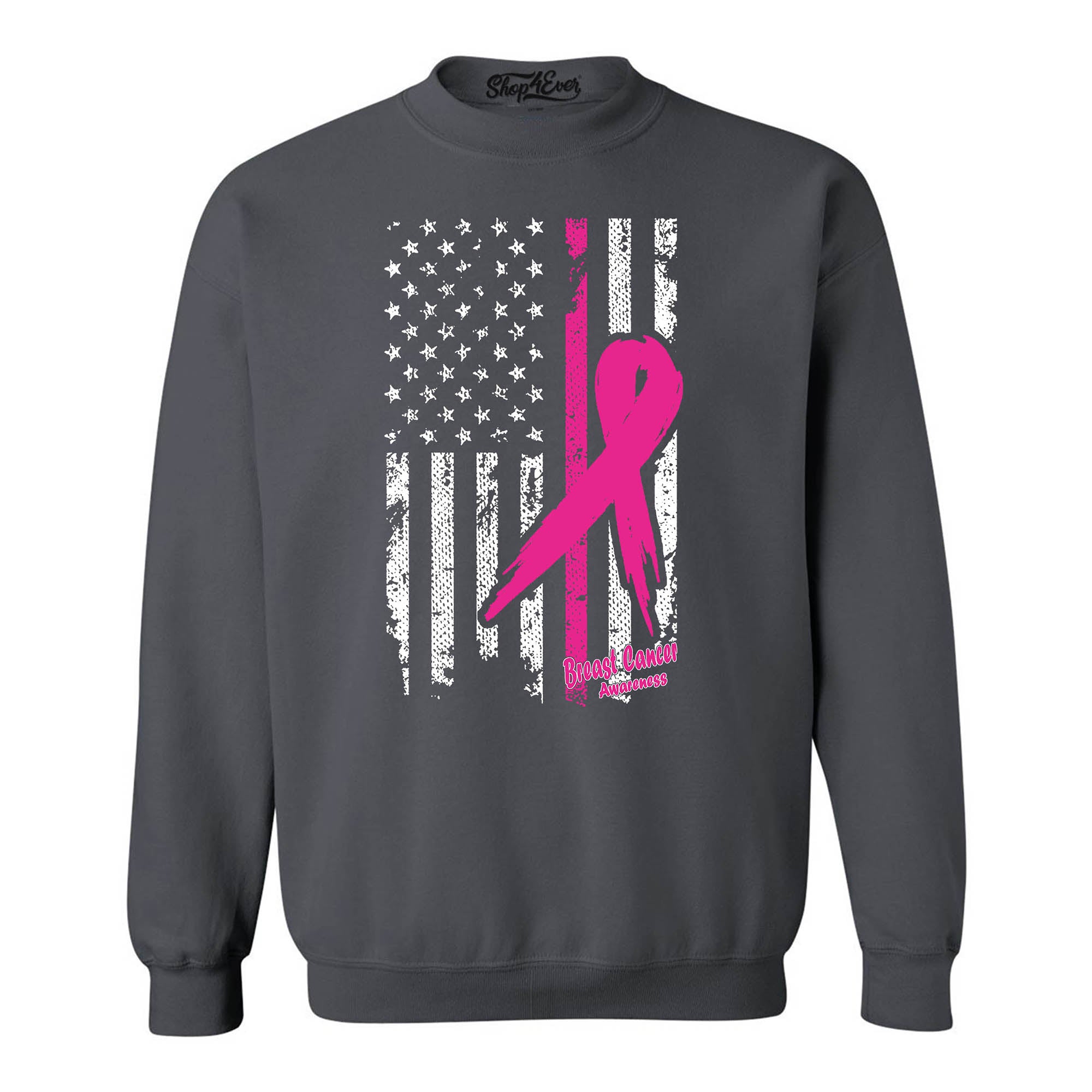 Pink Breast Cancer Ribbon American Flag Crewneck Sweatshirts