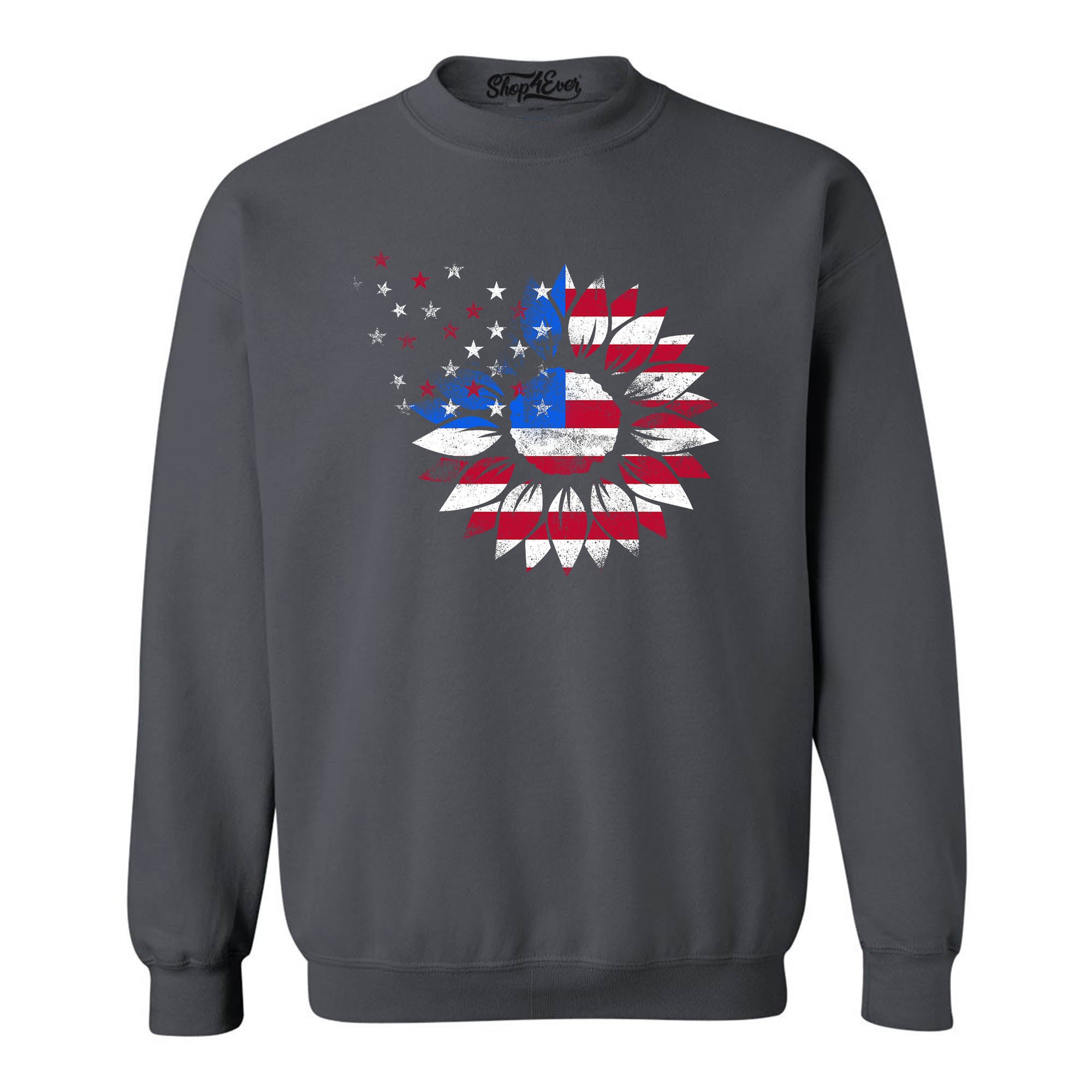 American Flag Sunflower Flower Star 4th of July Crewneck Sweatshirts