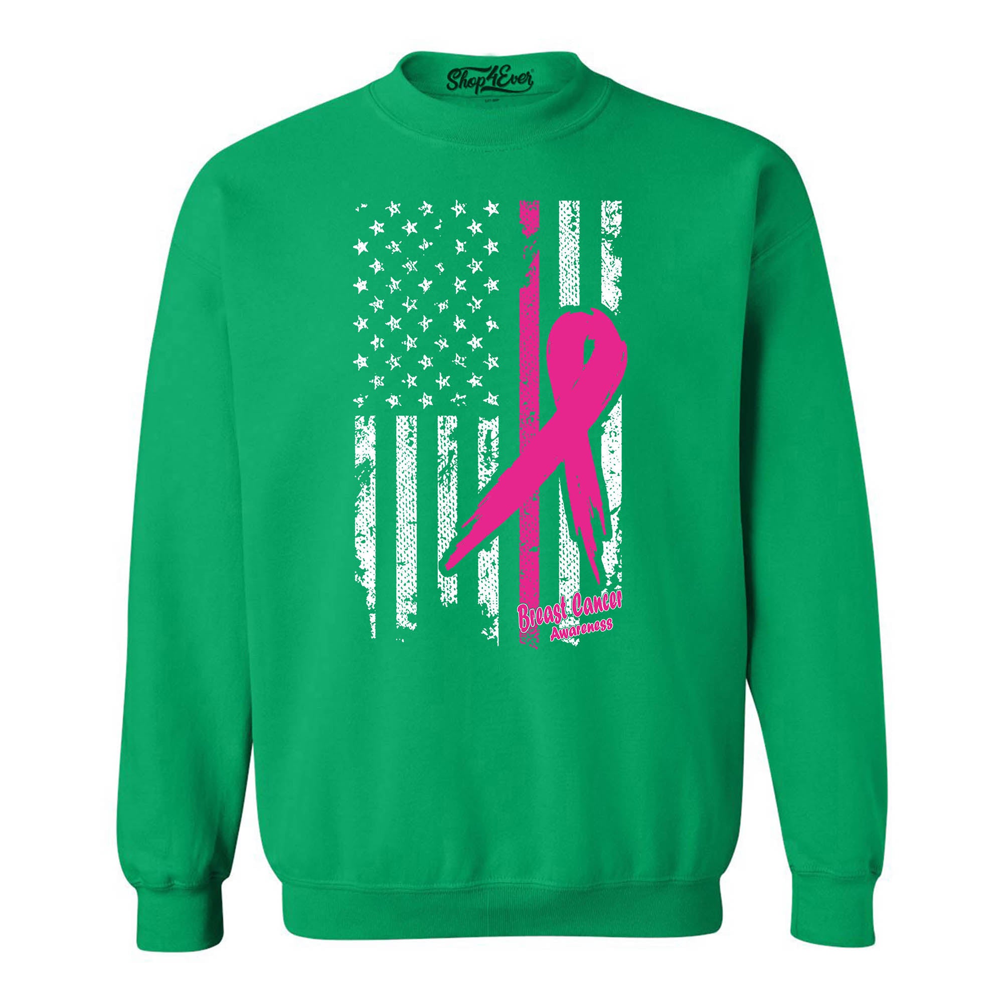 Pink Breast Cancer Ribbon American Flag Crewneck Sweatshirts