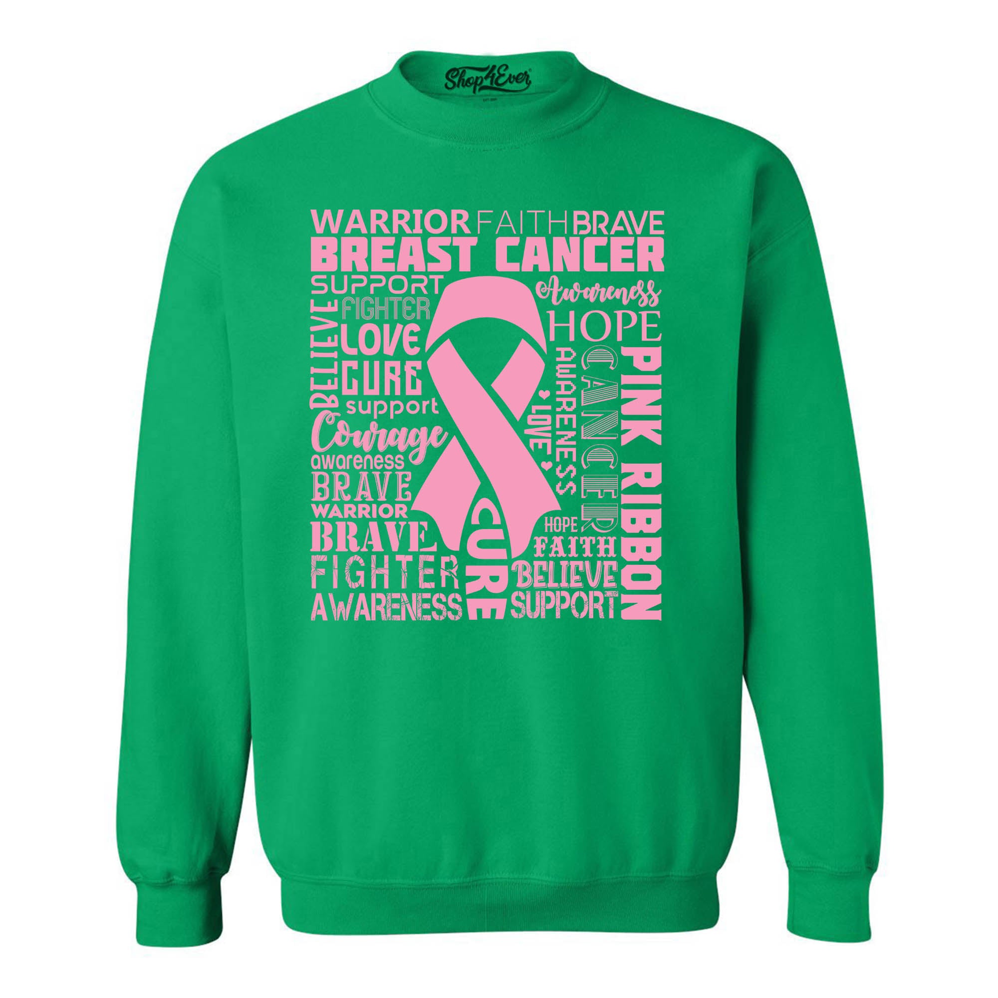 Breast Cancer Awareness Pink Ribbon Word Cloud Crewneck Sweatshirts