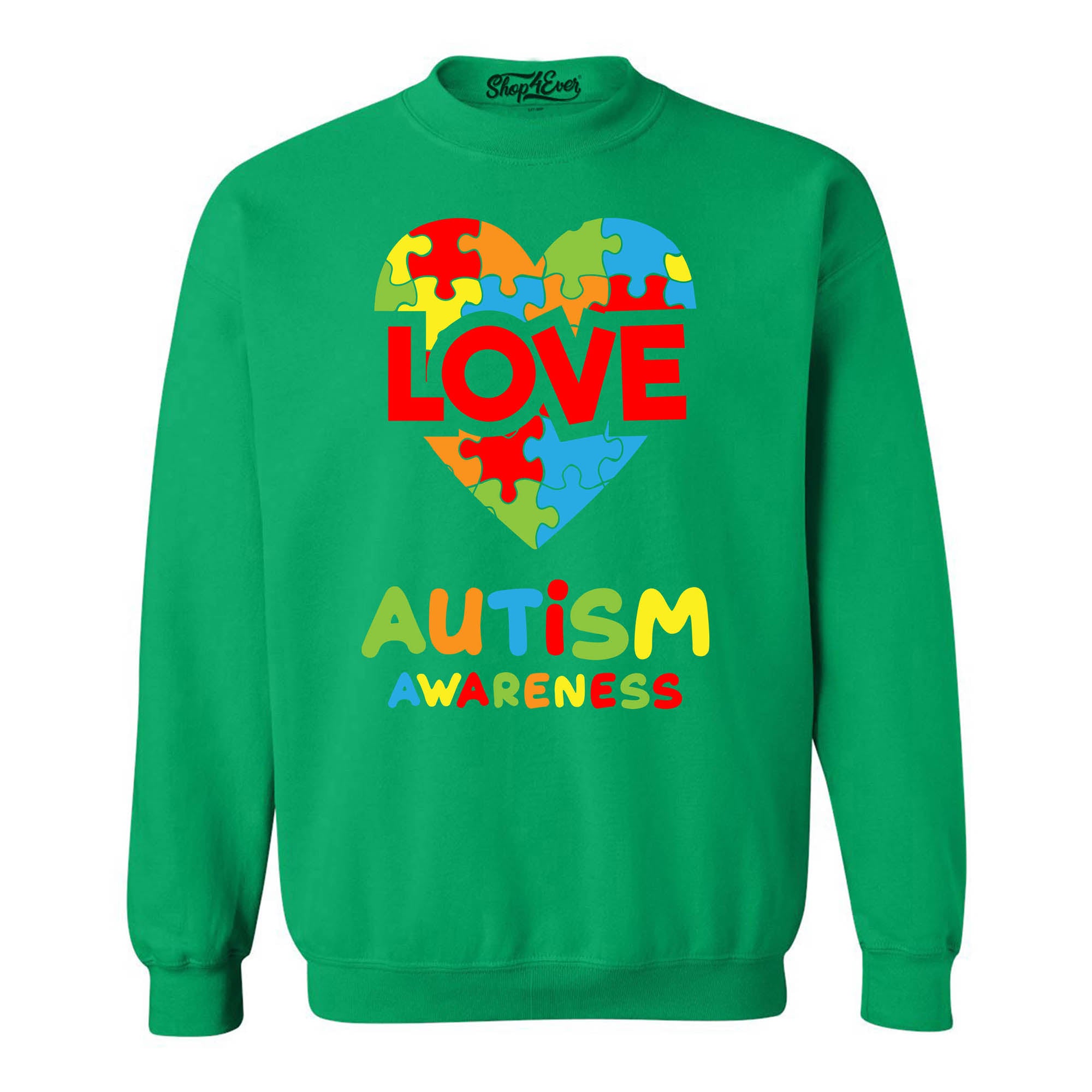 Autism Awareness Love with Puzzled Heart Crewneck Sweatshirts