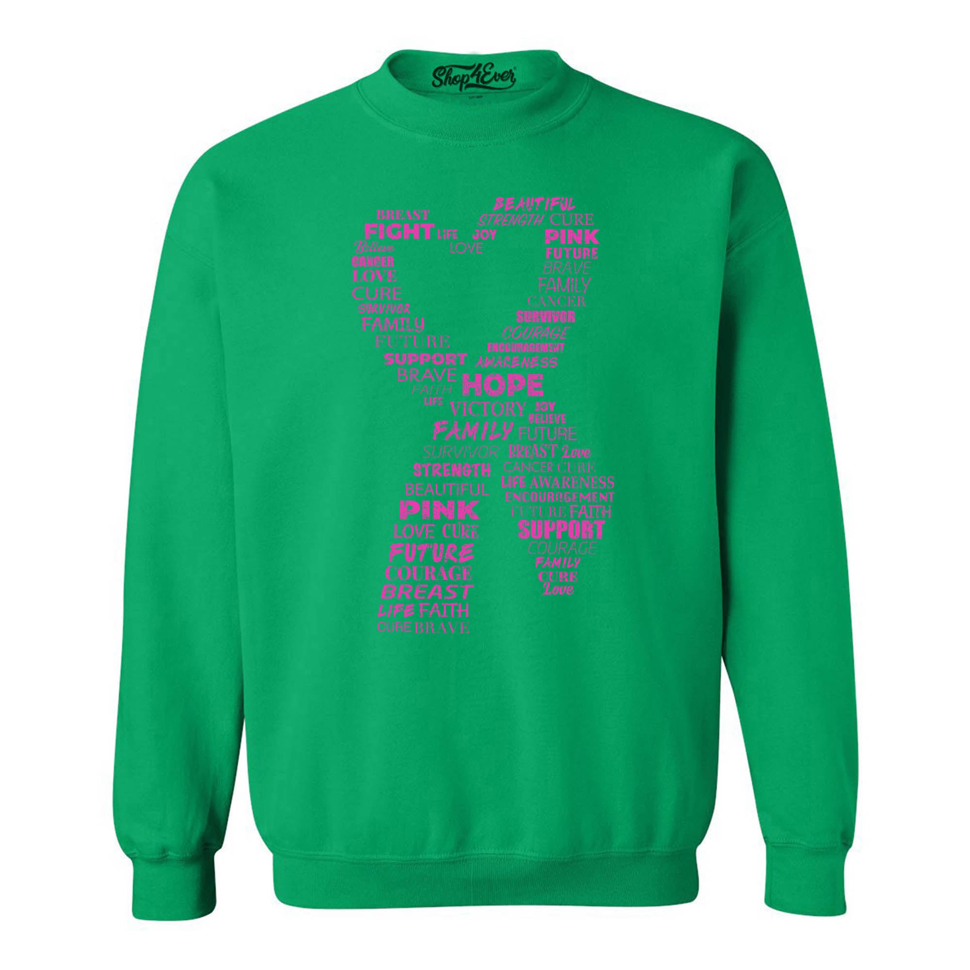Pink Heart Ribbon Montage Breast Cancer Word Cloud Crewneck Sweatshirts