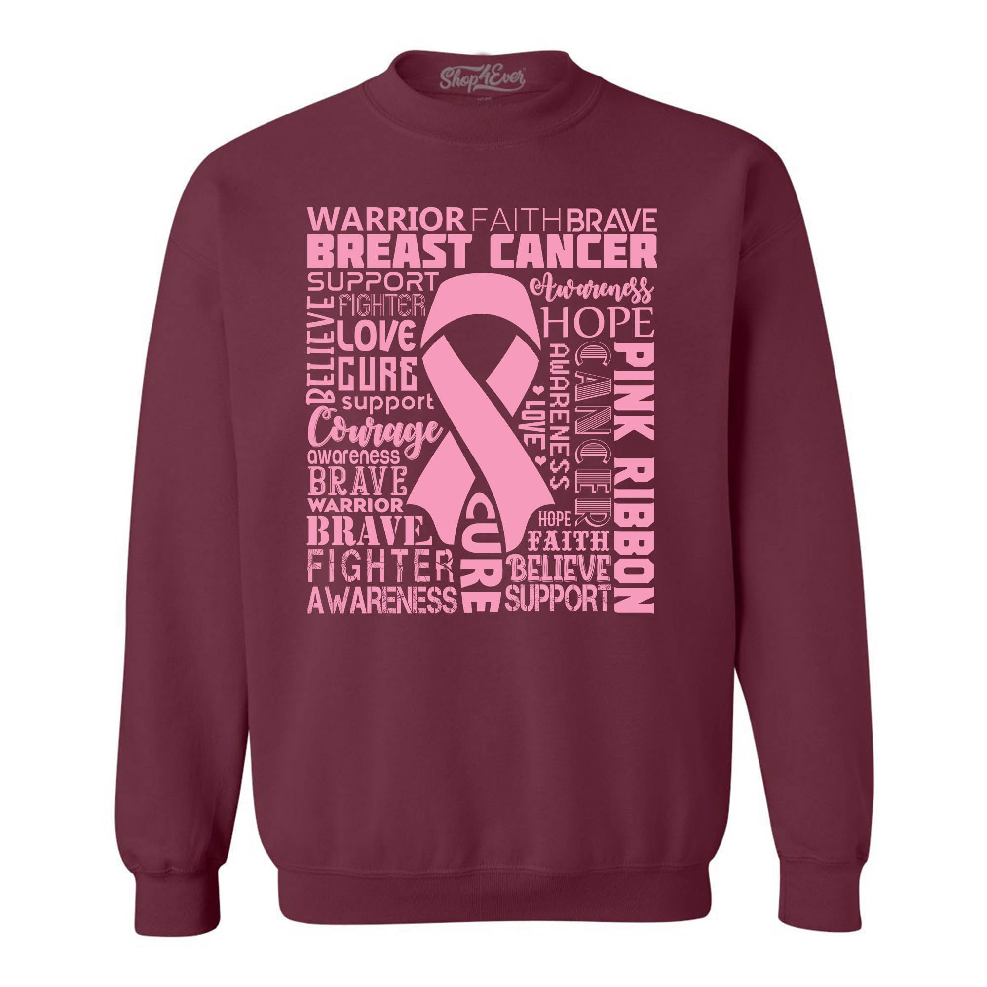 Breast Cancer Awareness Pink Ribbon Word Cloud Crewneck Sweatshirts