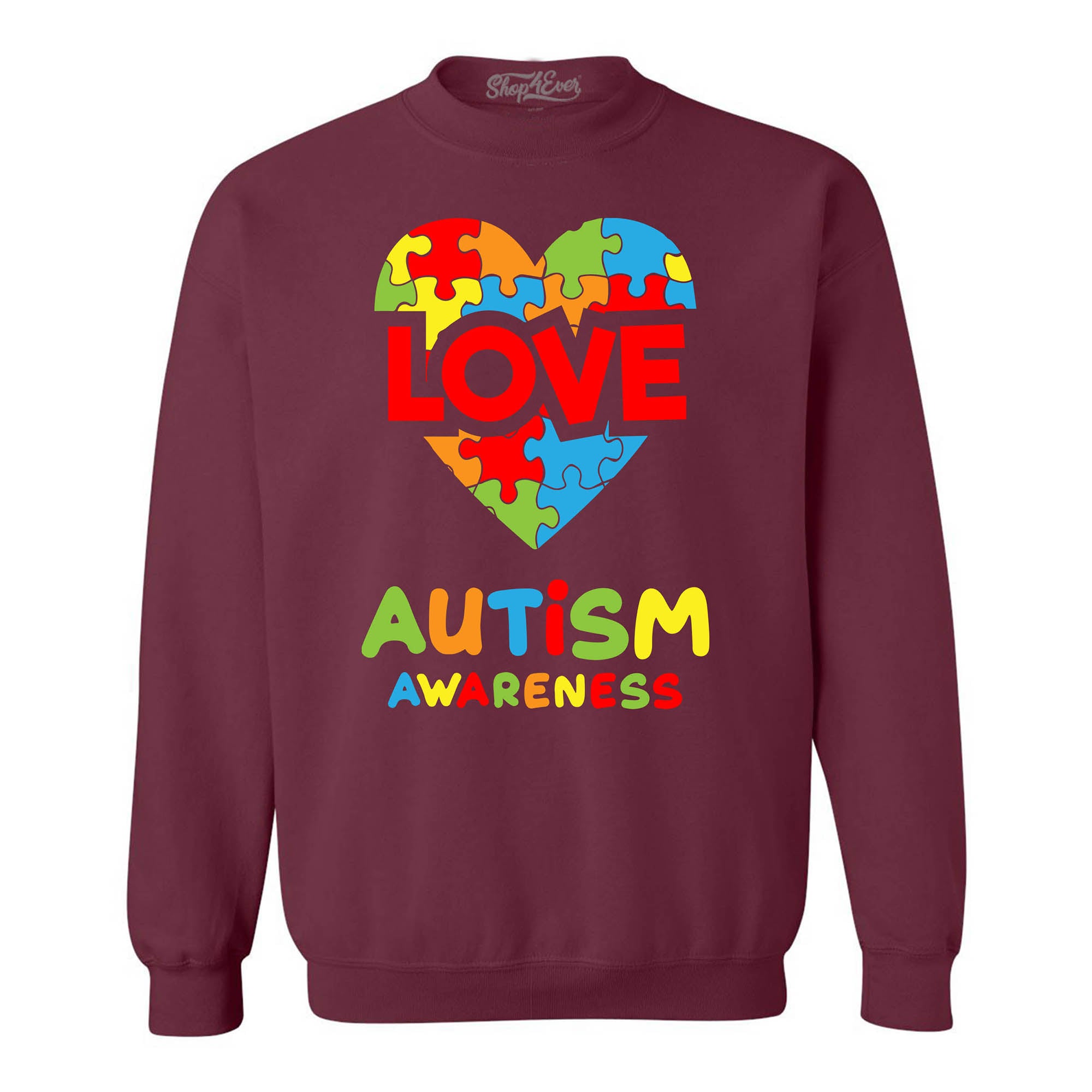 Autism Awareness Love with Puzzled Heart Crewneck Sweatshirts