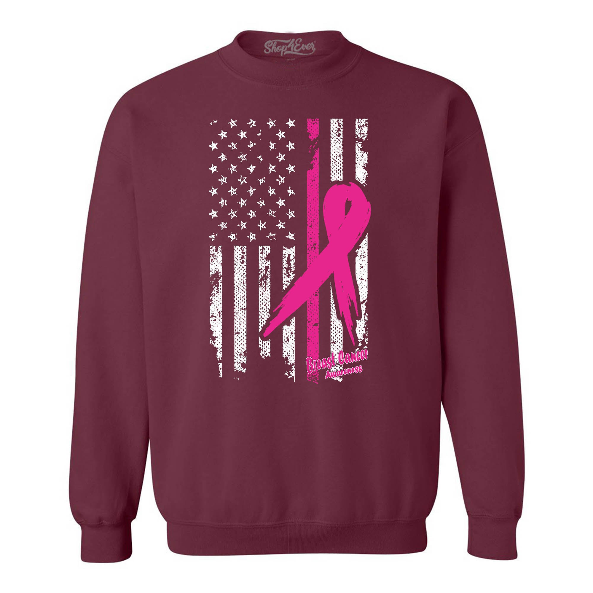 Pink Breast Cancer Ribbon American Flag Crewneck Sweatshirts
