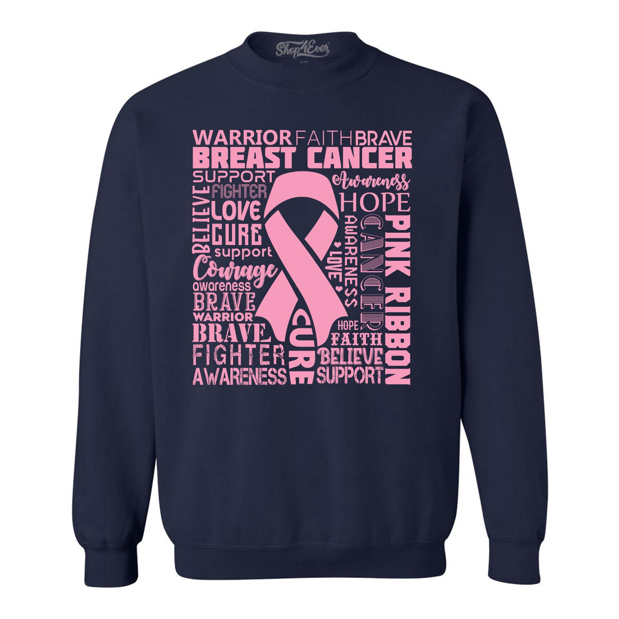 Breast Cancer Awareness Pink Ribbon Word Cloud Crewneck Sweatshirts