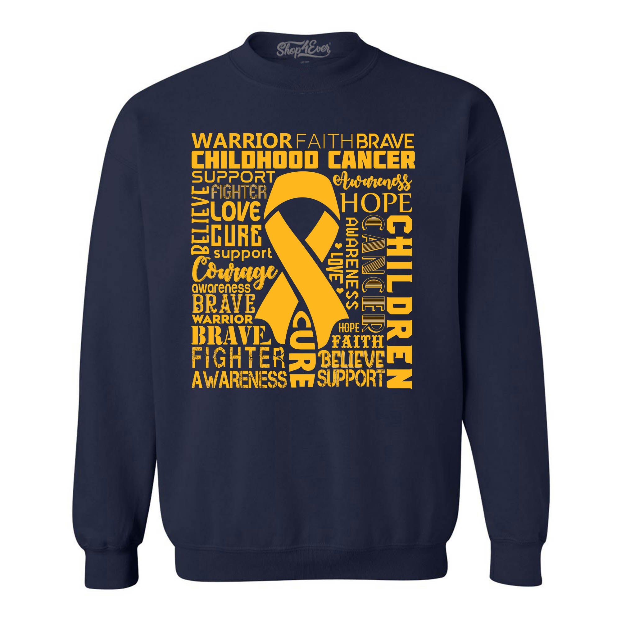 Childhood Cancer Awareness Gold Ribbon Word Cloud Crewneck Sweatshirts