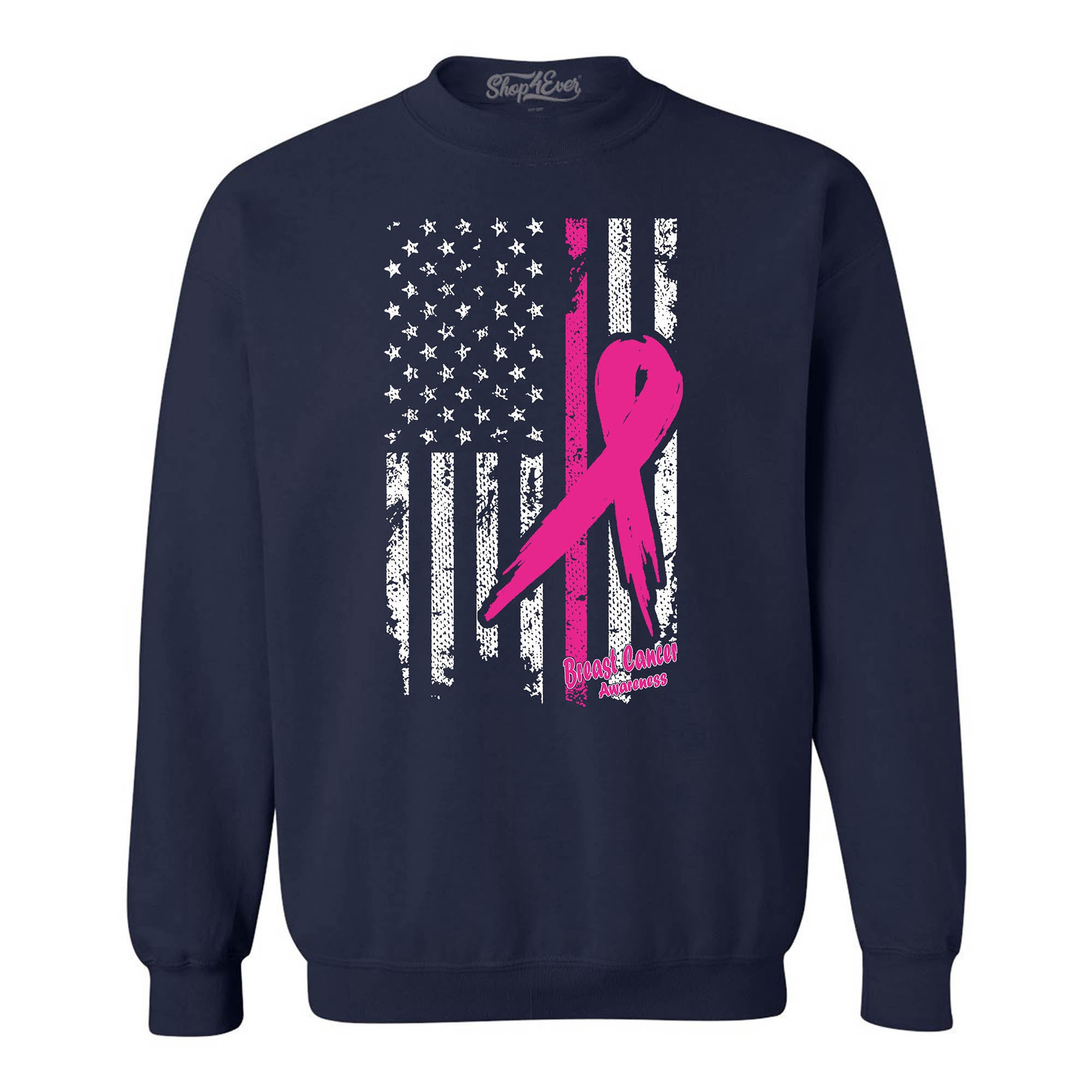 Pink Breast Cancer Ribbon American Flag Crewneck Sweatshirts