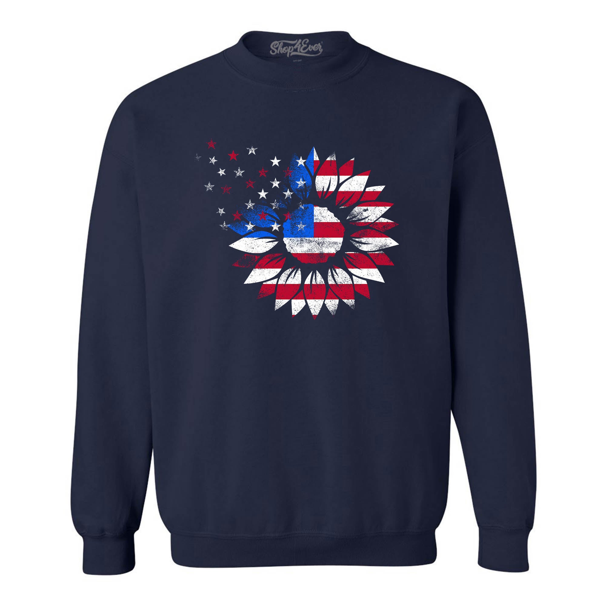 American Flag Sunflower Flower Star 4th of July Crewneck Sweatshirts
